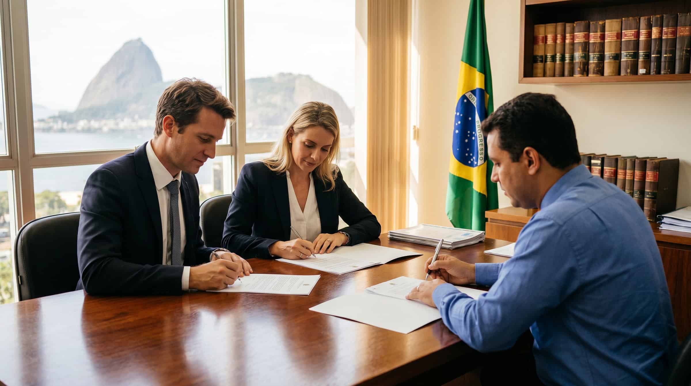 Foreigner buying property in Brazil 2026 — signing escritura at cartório with Rio de Janeiro skyline