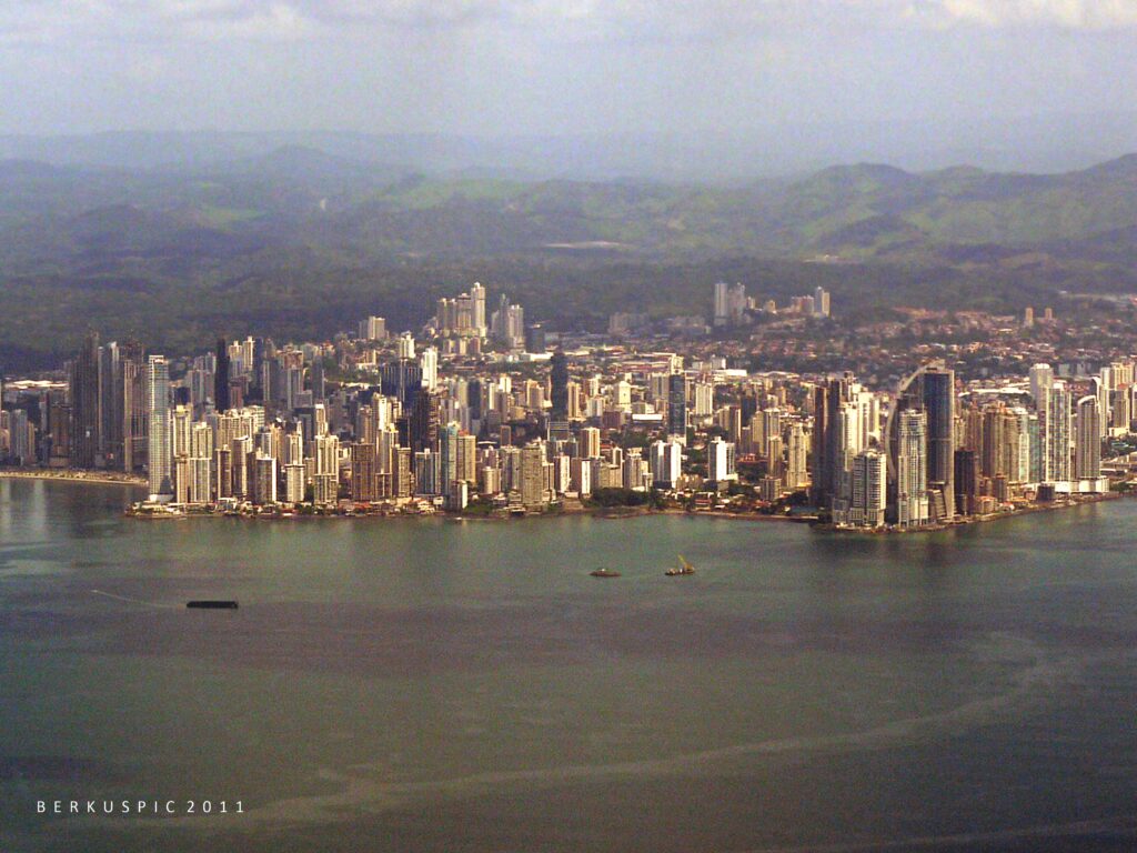 Aerial view of the Panama City skyline at Punta Paitilla and Punta Pacifica