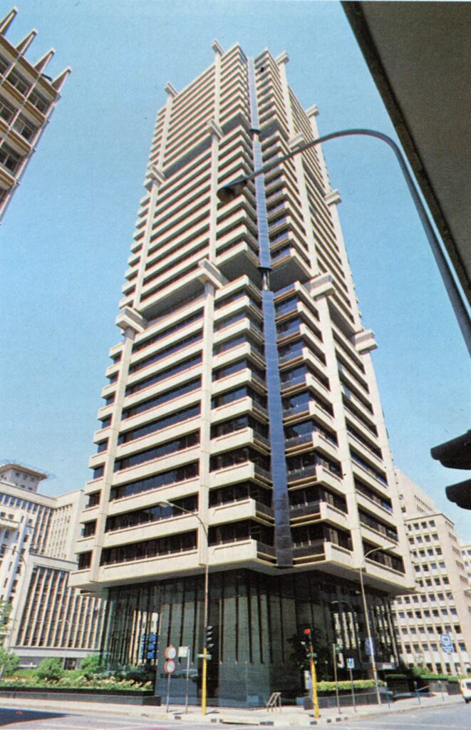 Tall modern bank building in a city