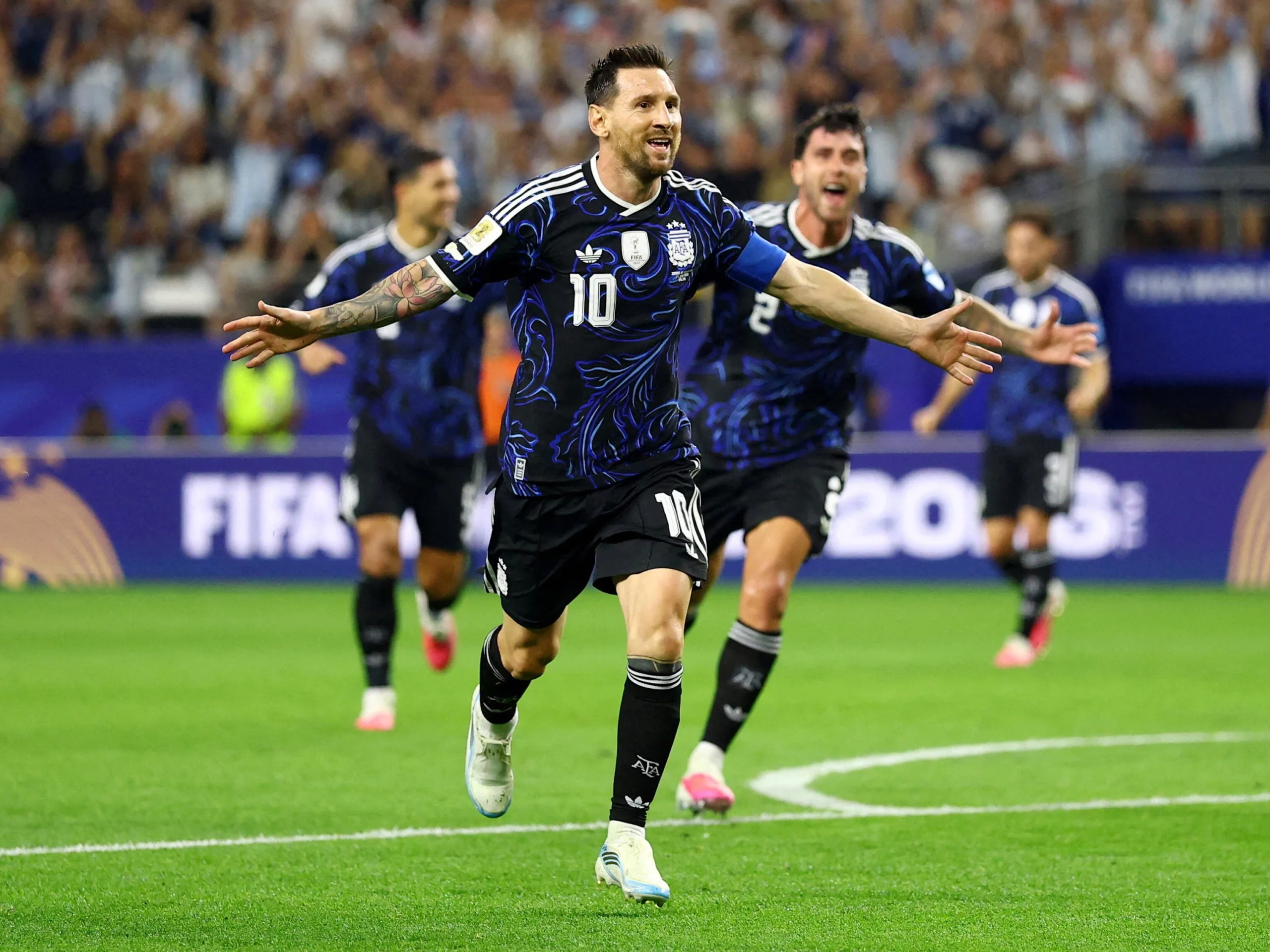 Lionel Messi celebrates scoring for Argentina against Jordan at AT&T Stadium in Dallas, Texas on June 27, 2026, his sixth goal of the 2026 World Cup and his goal in a record seventh consecutive World Cup game