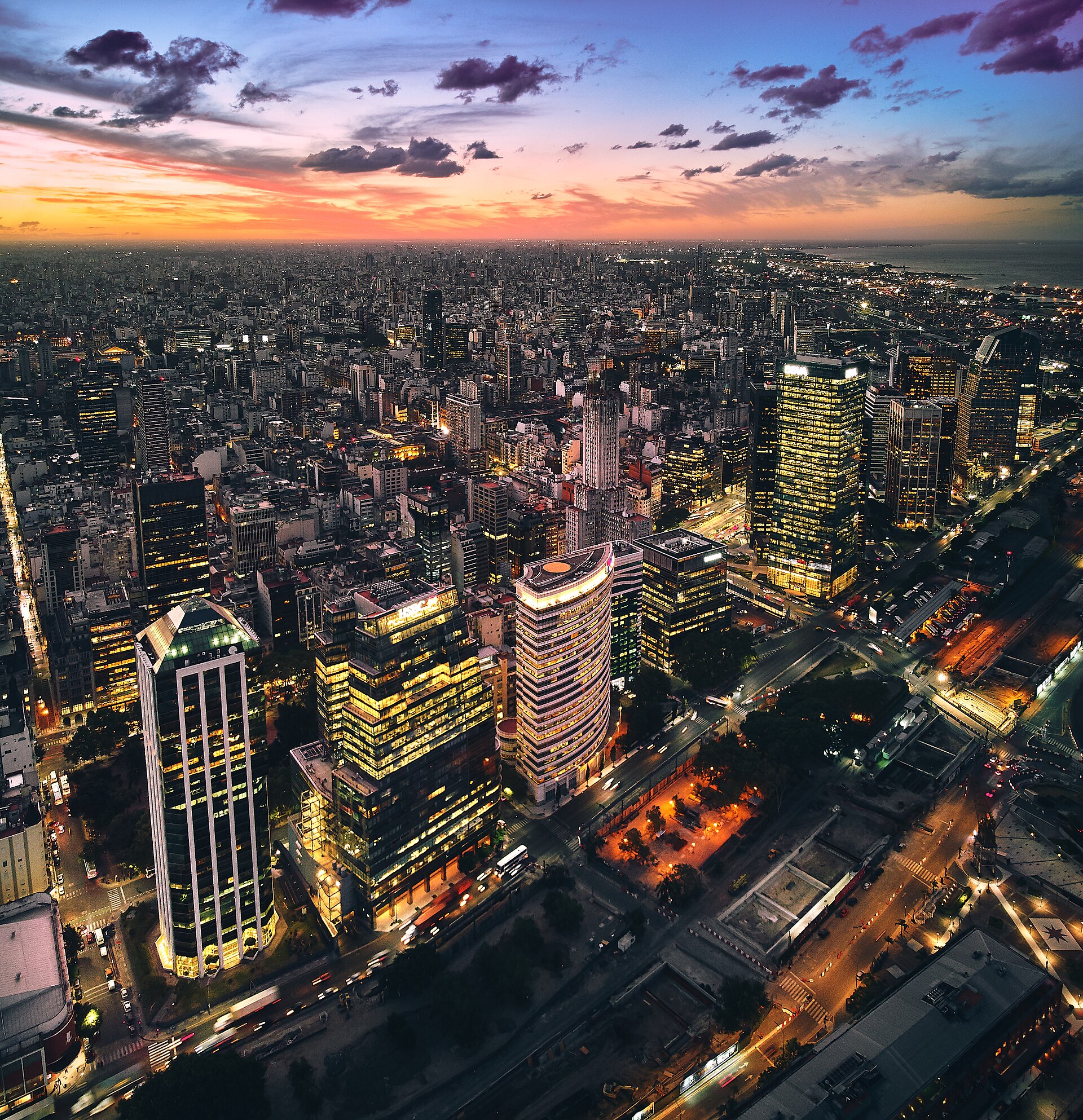 The Microcentro business district of Buenos Aires at dusk, illustrating Argentina's formal job market