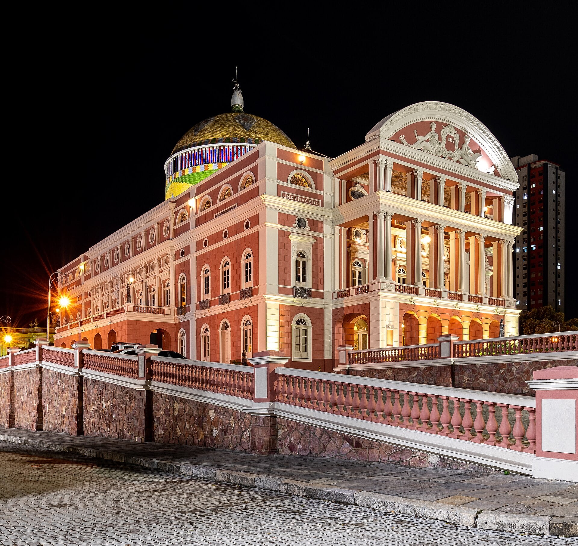 Facade of the Teatro Amazonas opera house in Manaus, Brazil