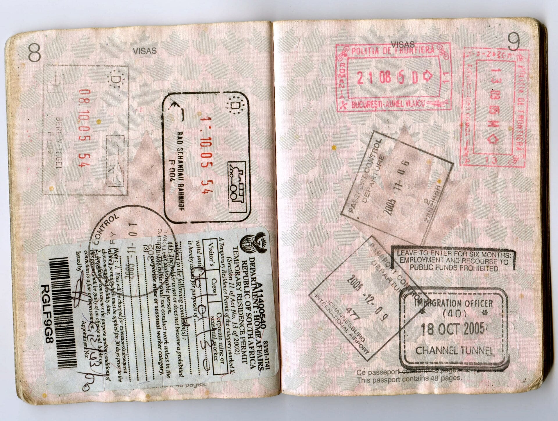 Passport pages with stamps