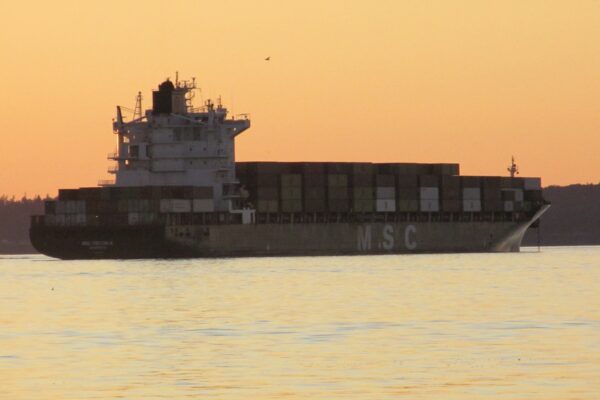 A container ship loaded with export cargo