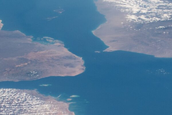 The Bab el-Mandeb Strait between Africa and Arabia, seen from orbit
