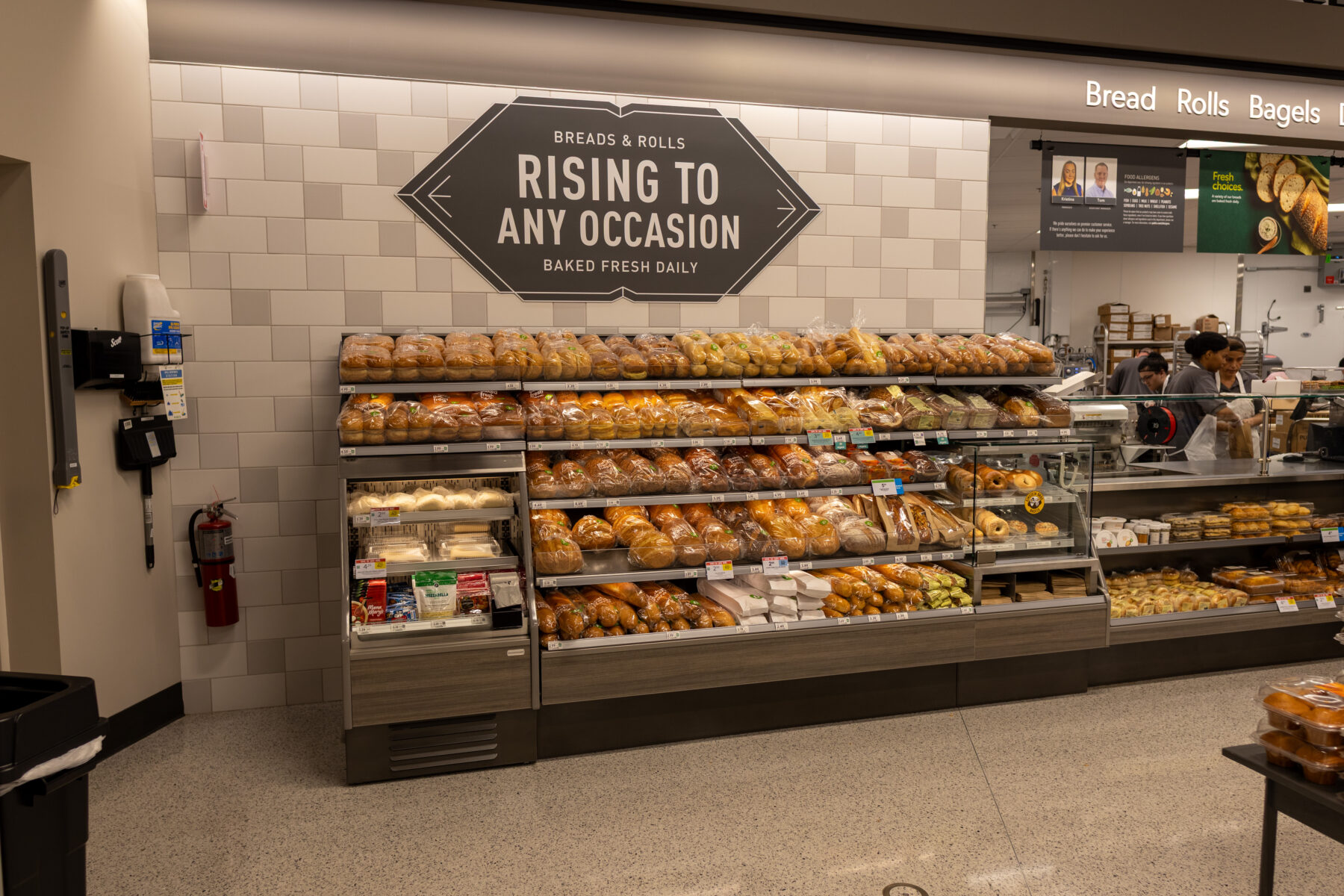 Packaged bread on a bakery shelf