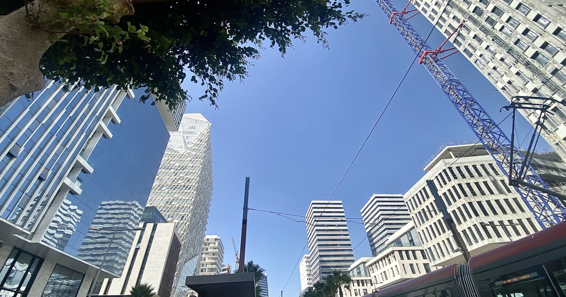 Office towers and a tram line in Casablanca Finance City, Morocco