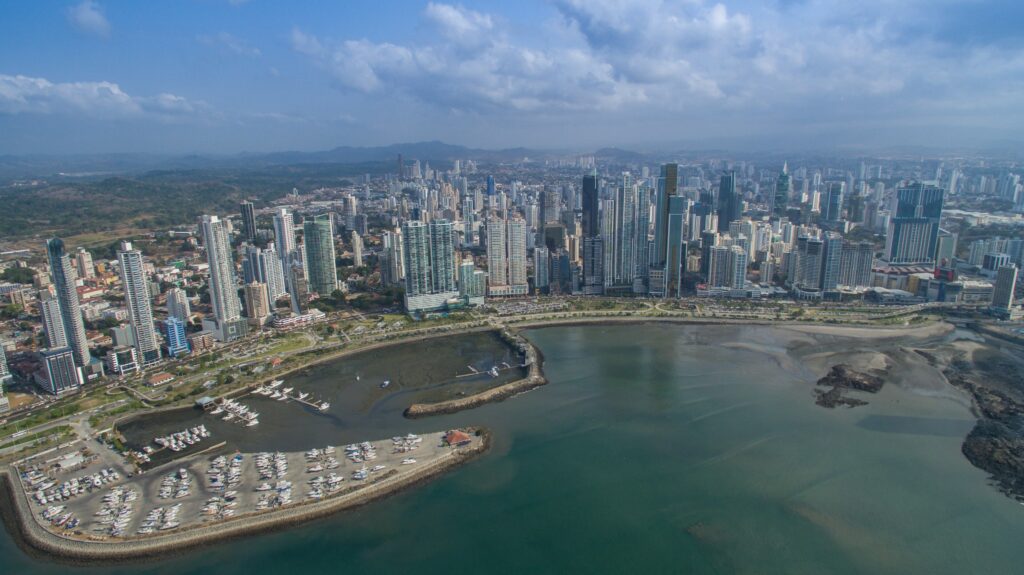 Aerial view of Panama City skyline and marina