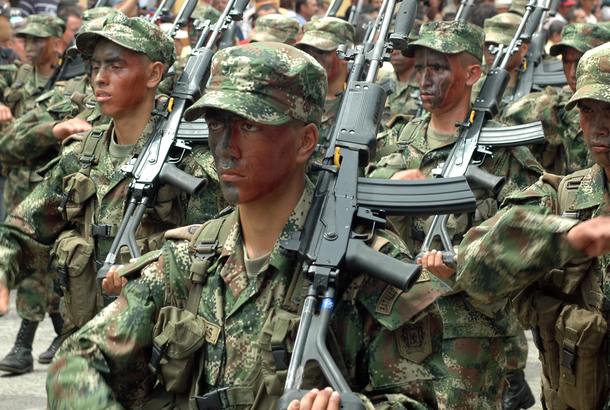 Young Colombian Army soldiers marching in formation