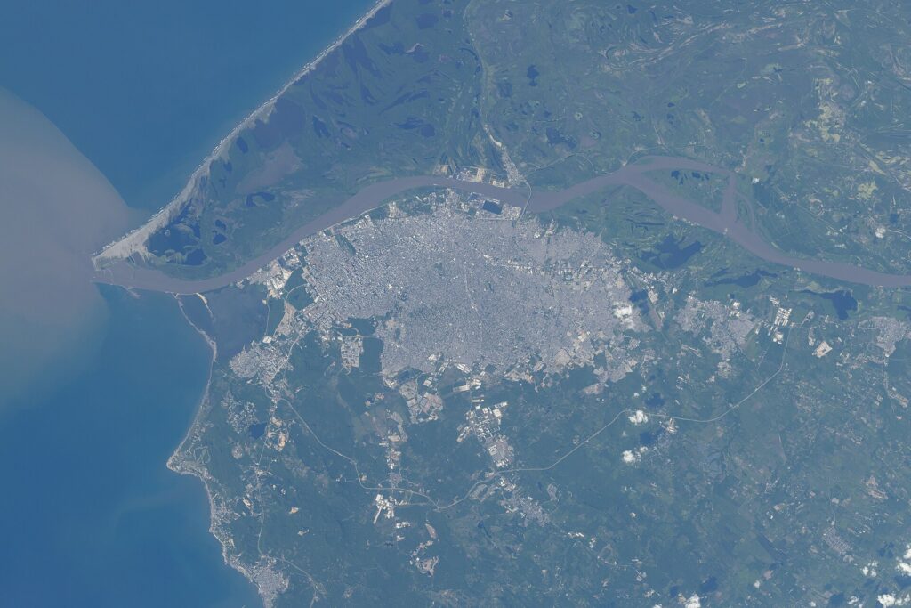 Satellite view of Barranquilla, Colombia, at the Magdalena River mouth