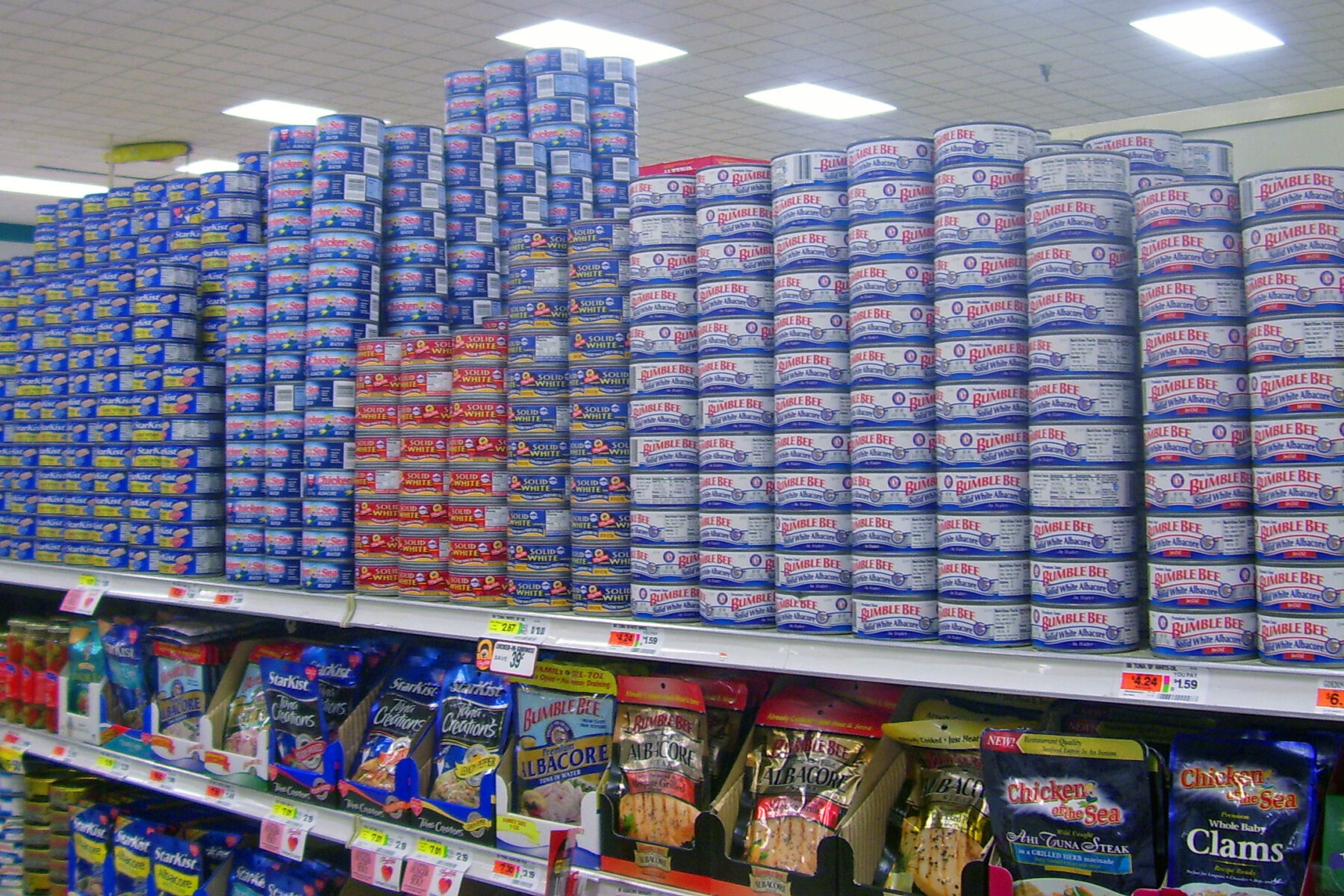 Packaged food on grocery shelves