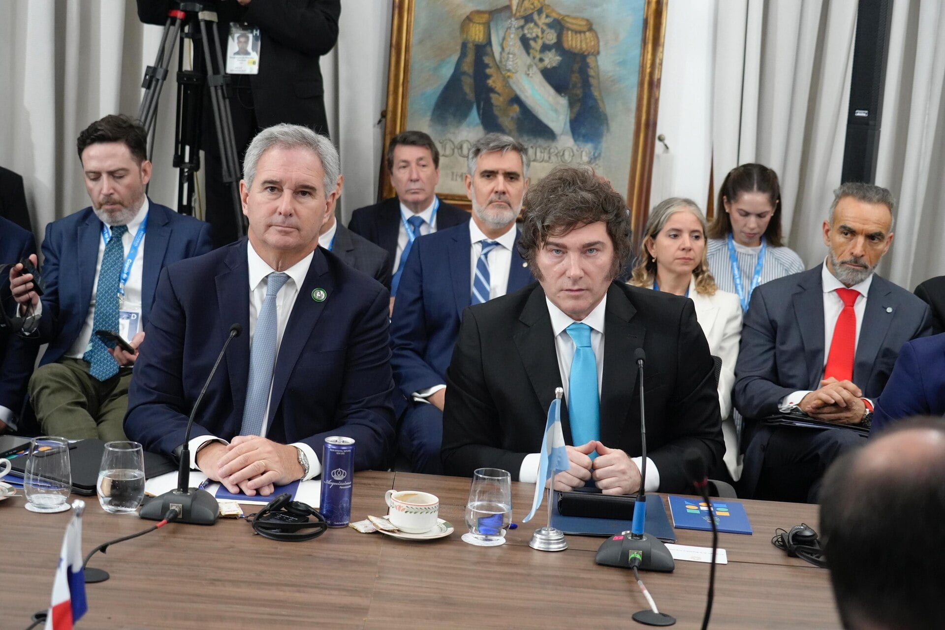 Javier Milei speaking at a regional summit, Keiko Fujimori inauguration
