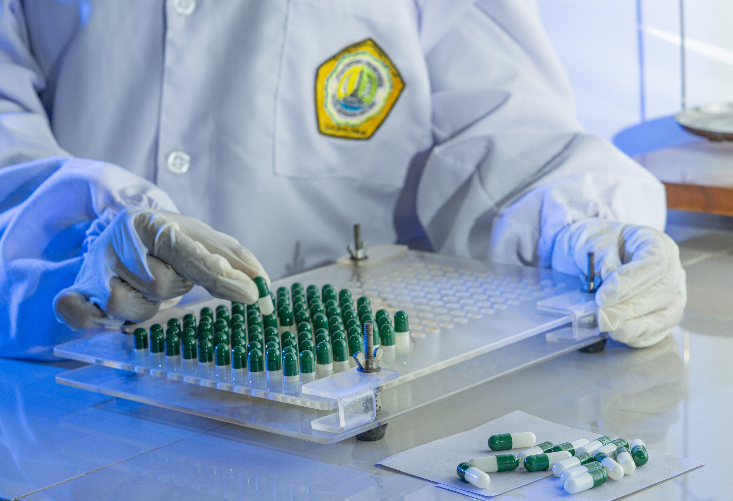 A gloved worker in a white coat fills green and white medicine capsules on a tray