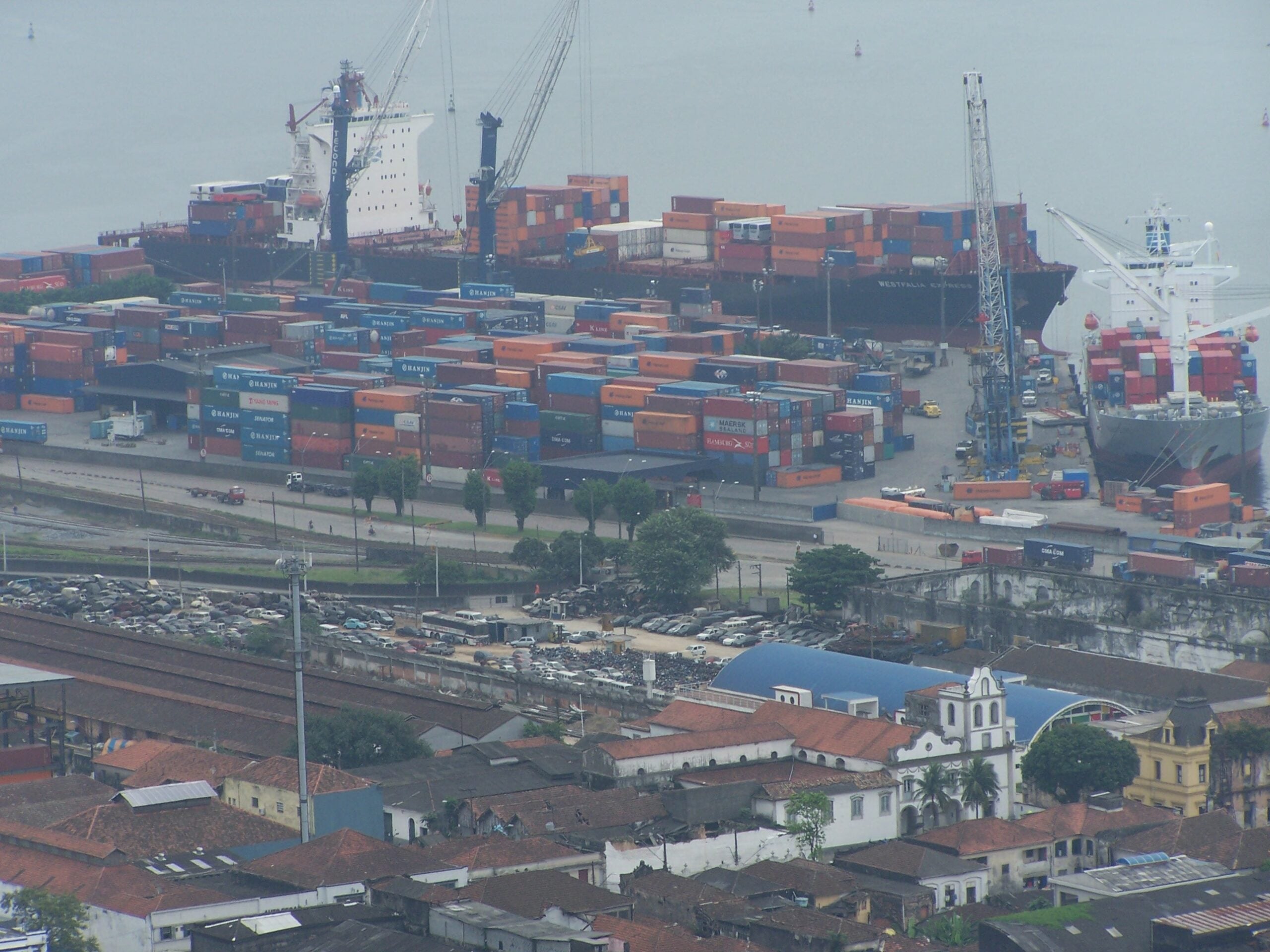 Container ships and stacked containers at the Port of Santos, Brazil.