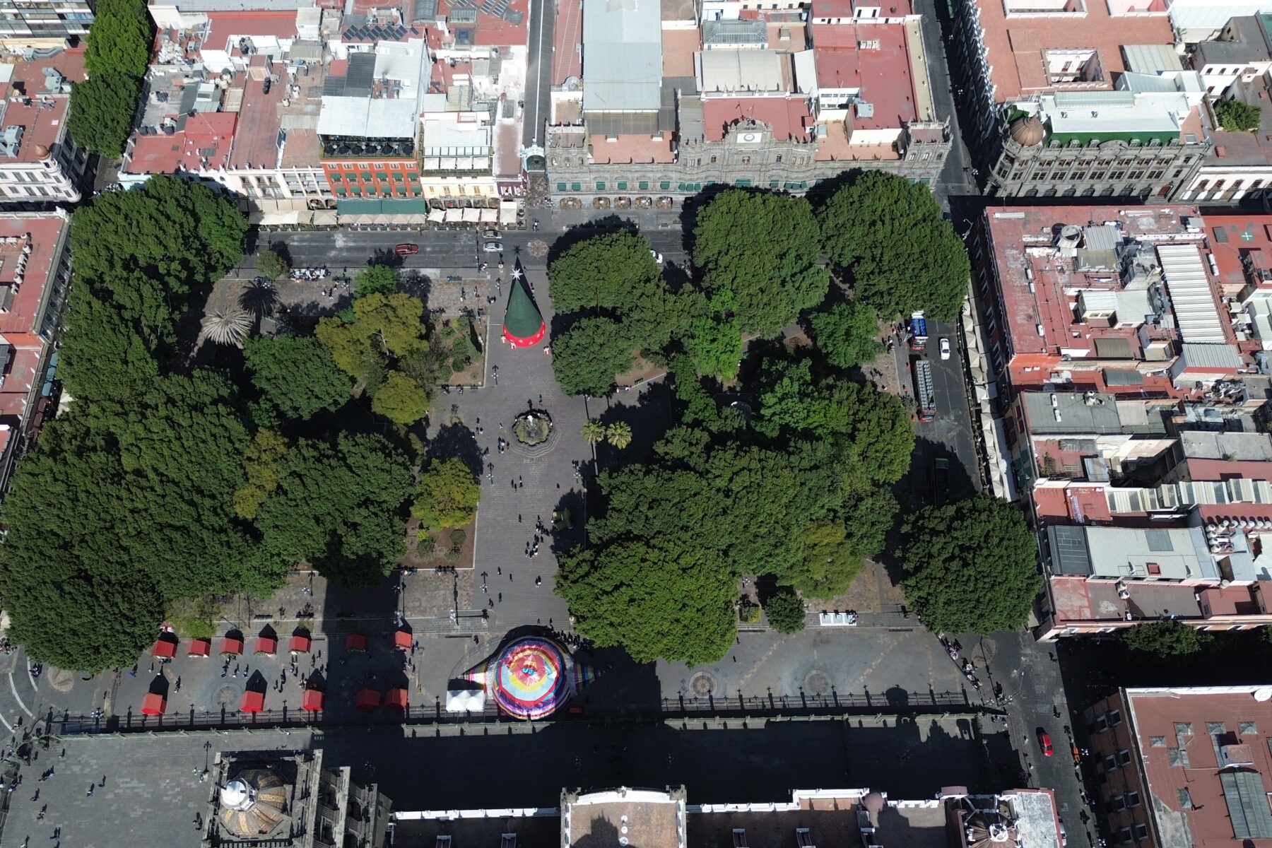 Aerial view of the tree-lined Zocalo in Puebla historic centre