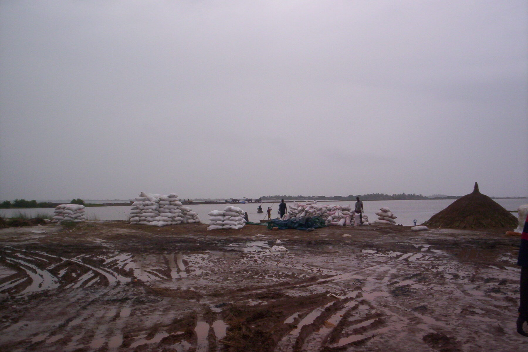 Electrochem Ghana — bags of harvested salt at the Ada lagoon
