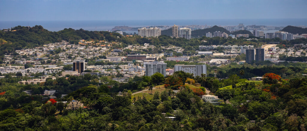 San Juan, Puerto Rico, seen from the hills above the city, with the Atlantic coast beyond