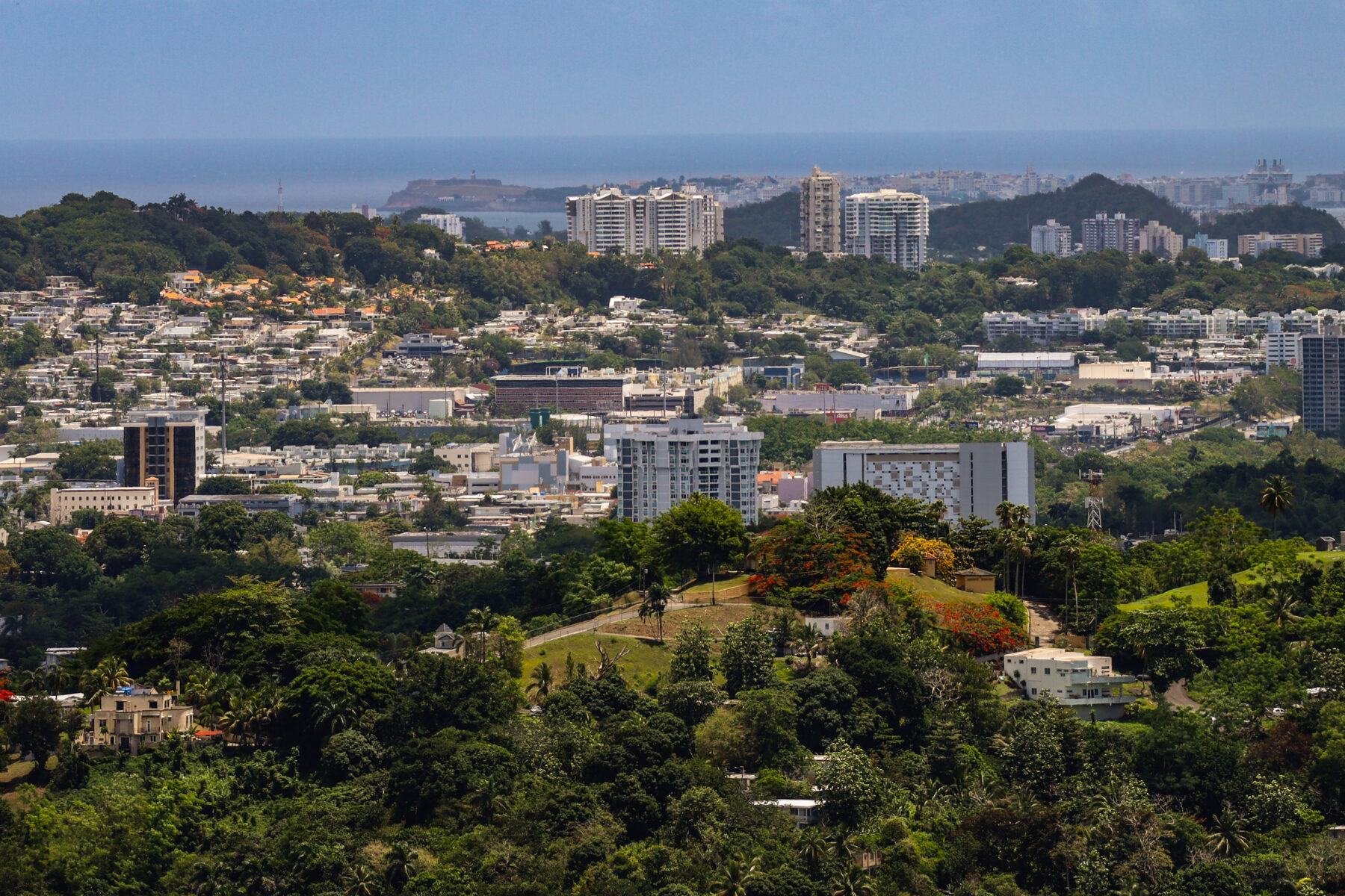 San Juan, Puerto Rico, seen from the hills above the city, with the Atlantic coast beyond