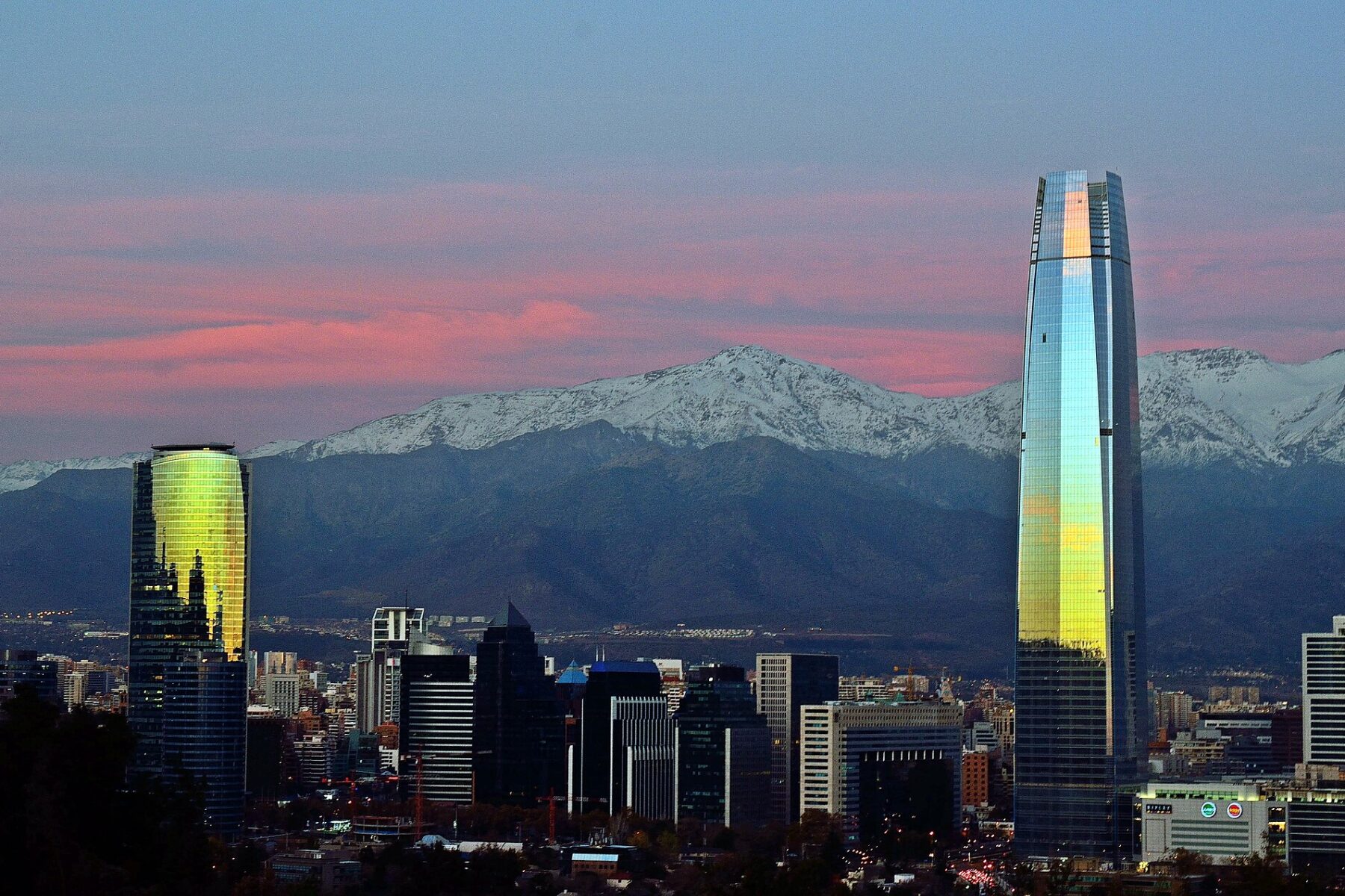 Santiago skyline with mountains at sunset
