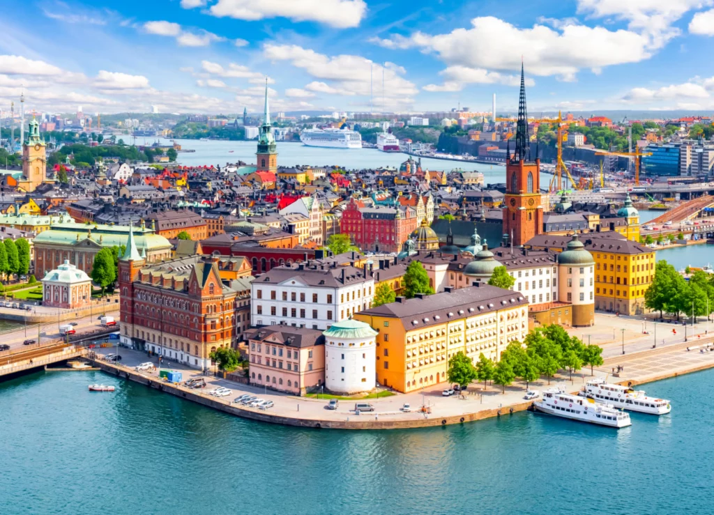 Aerial view of Stockholm, Sweden, with colorful buildings and water