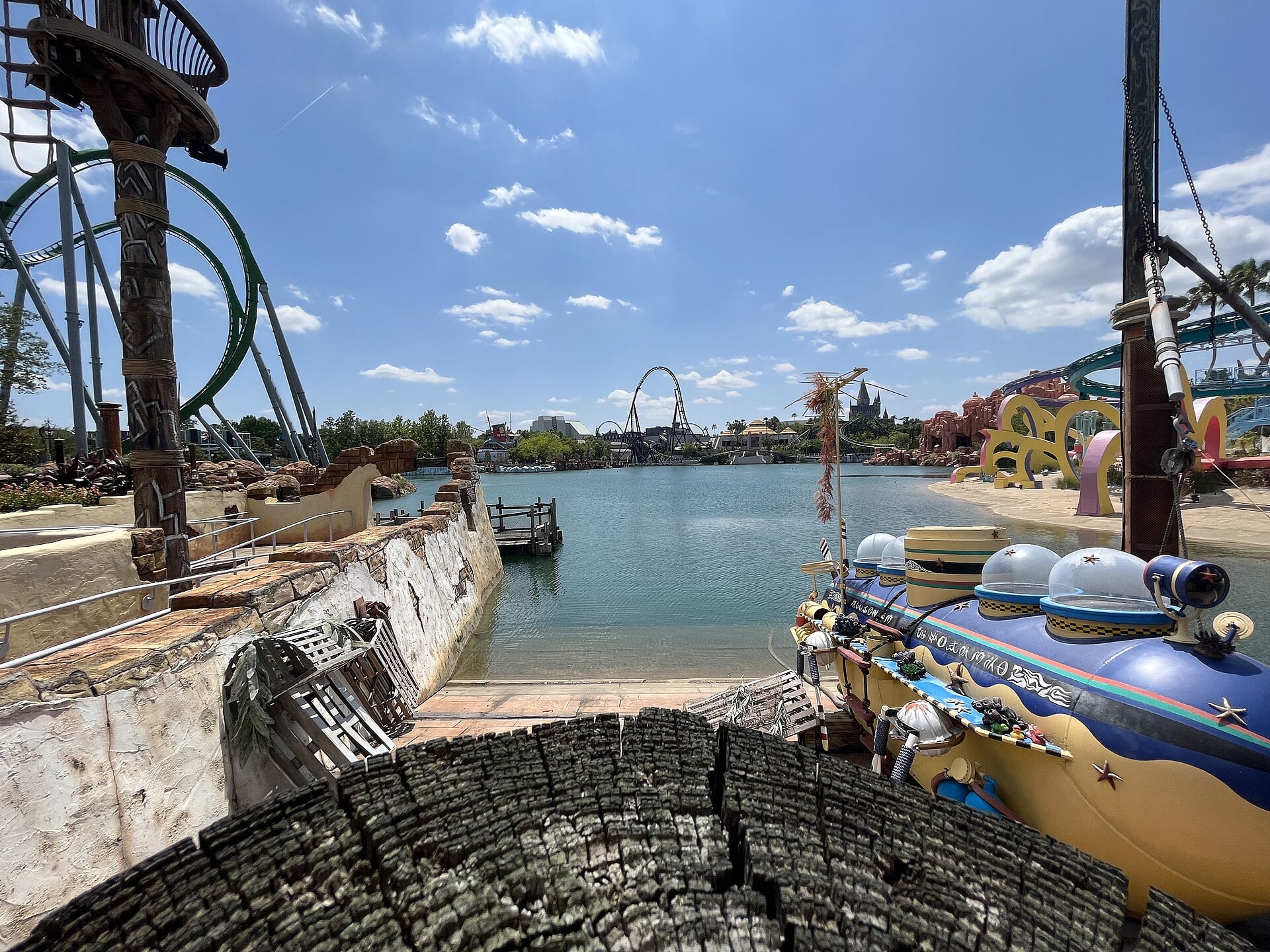 A view of the Universal Orlando Resort in Florida with theme-park rides.