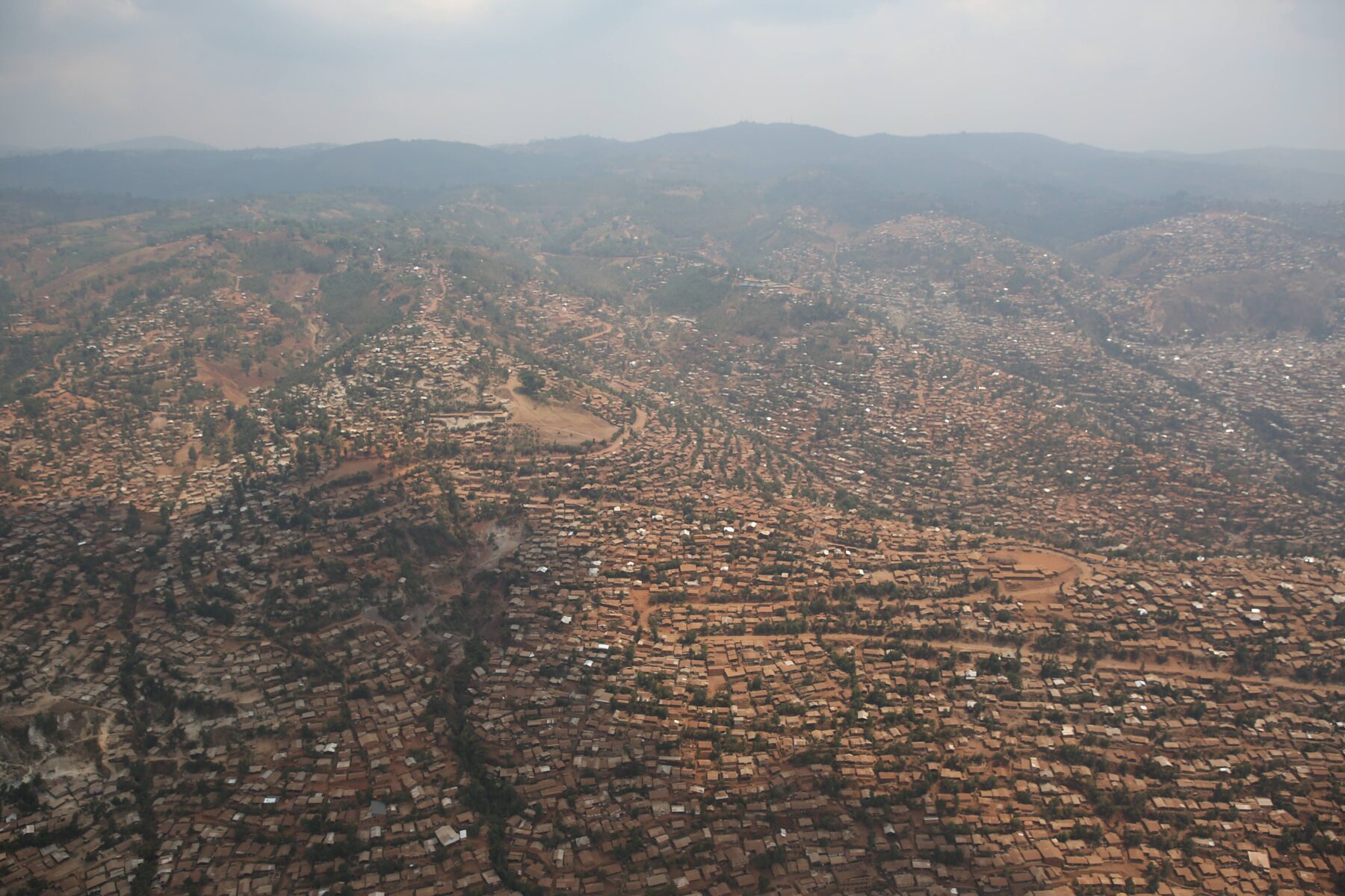 Aerial view of densely built hillside neighbourhoods in Bukavu, South Kivu, DR Congo
