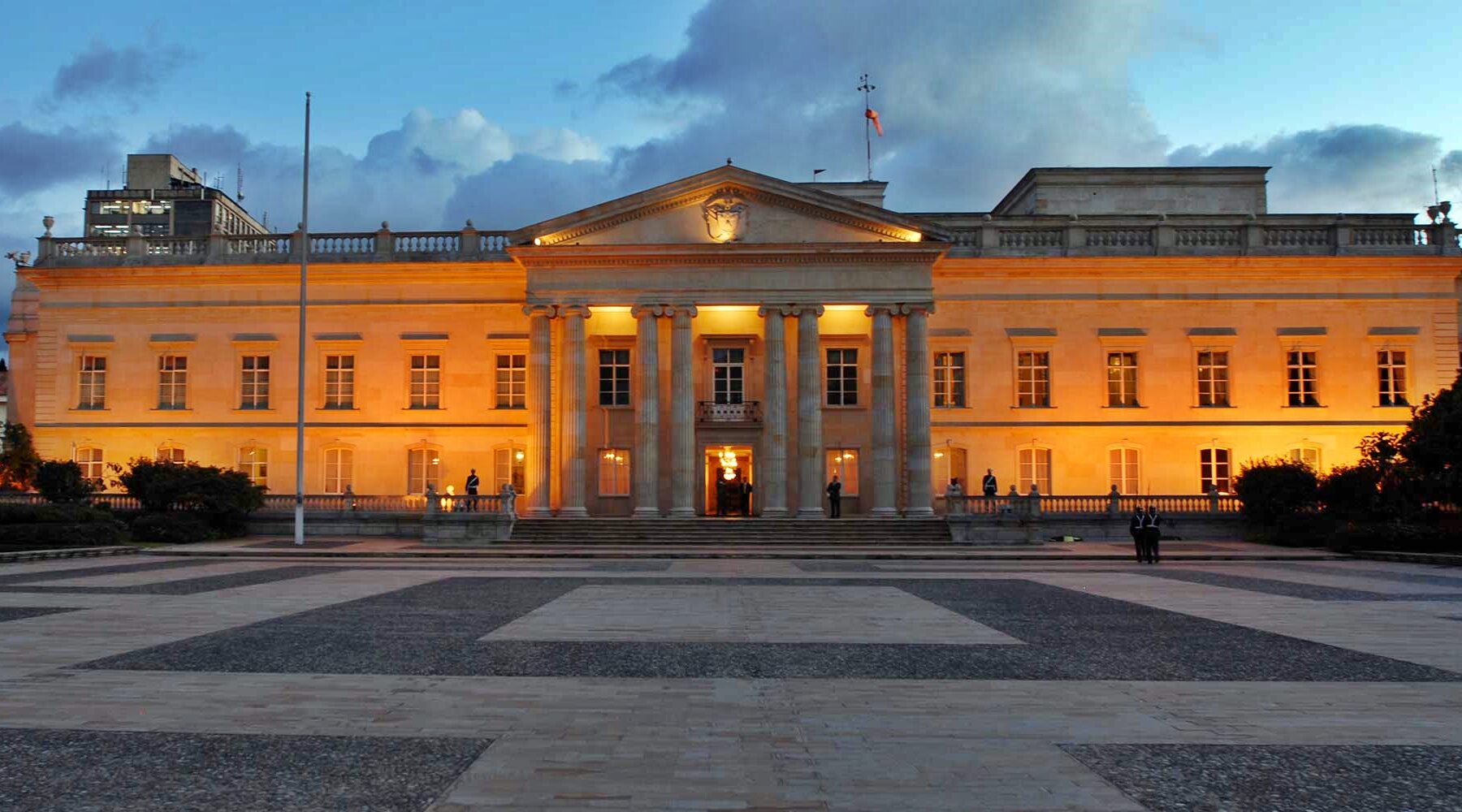 Colombia's presidential palace, Casa de Nariño, at dusk