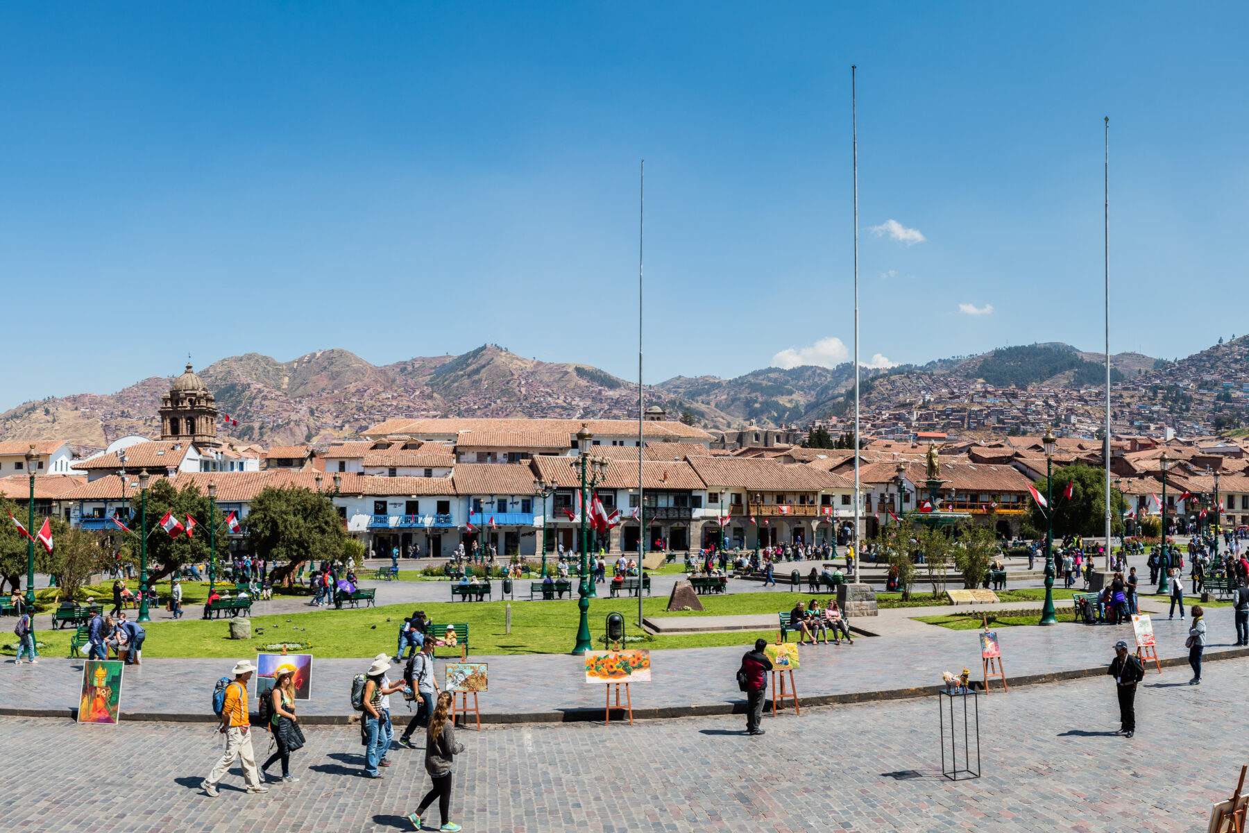 Plaza de Armas in Cusco, Peru, with the cathedral and Andean hills behind it