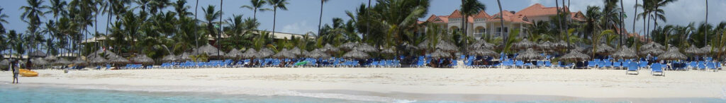 Beach with palm trees, umbrellas, and resort buildings