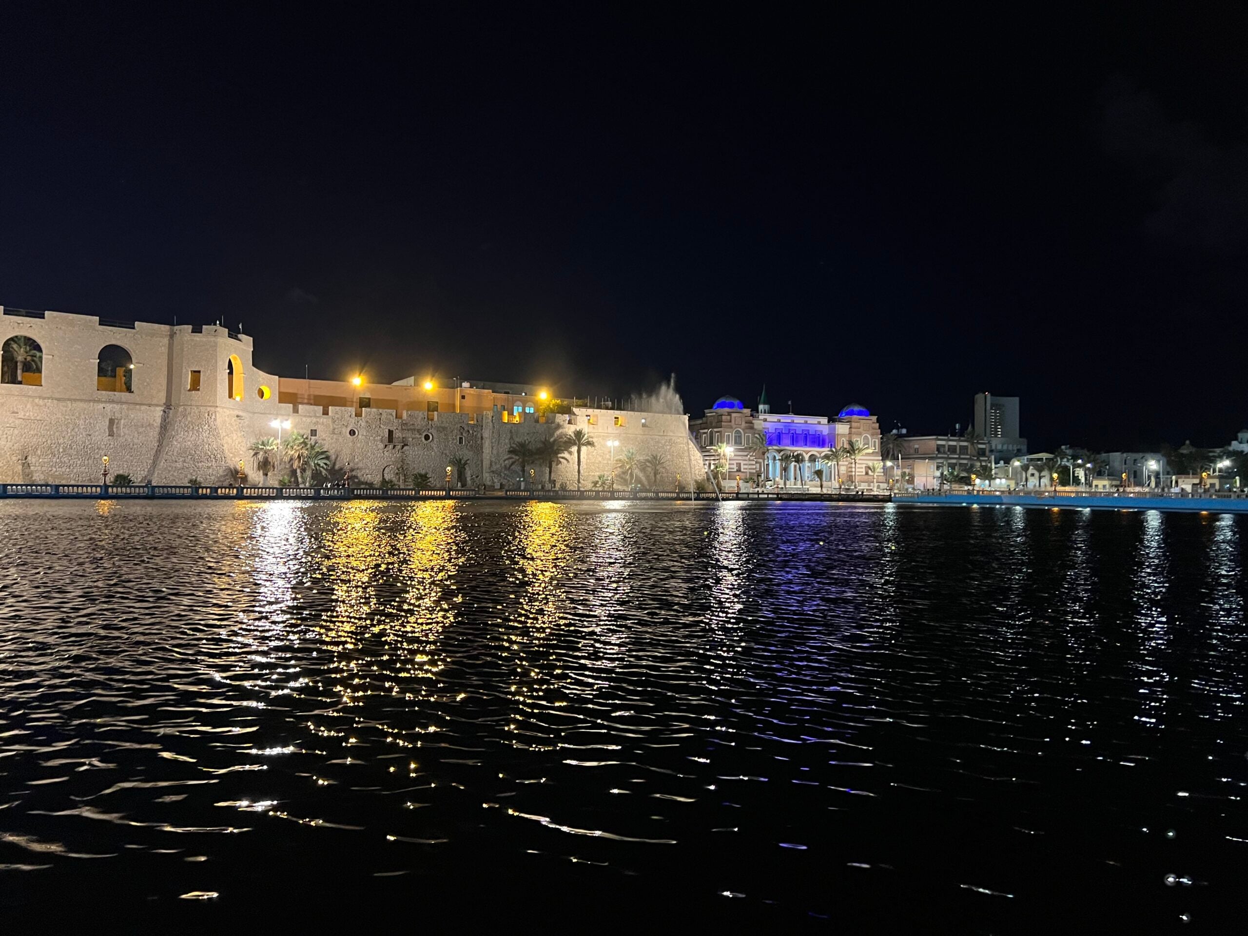 Libya hard currency &mdash; the Tripoli waterfront and the Red Castle at night