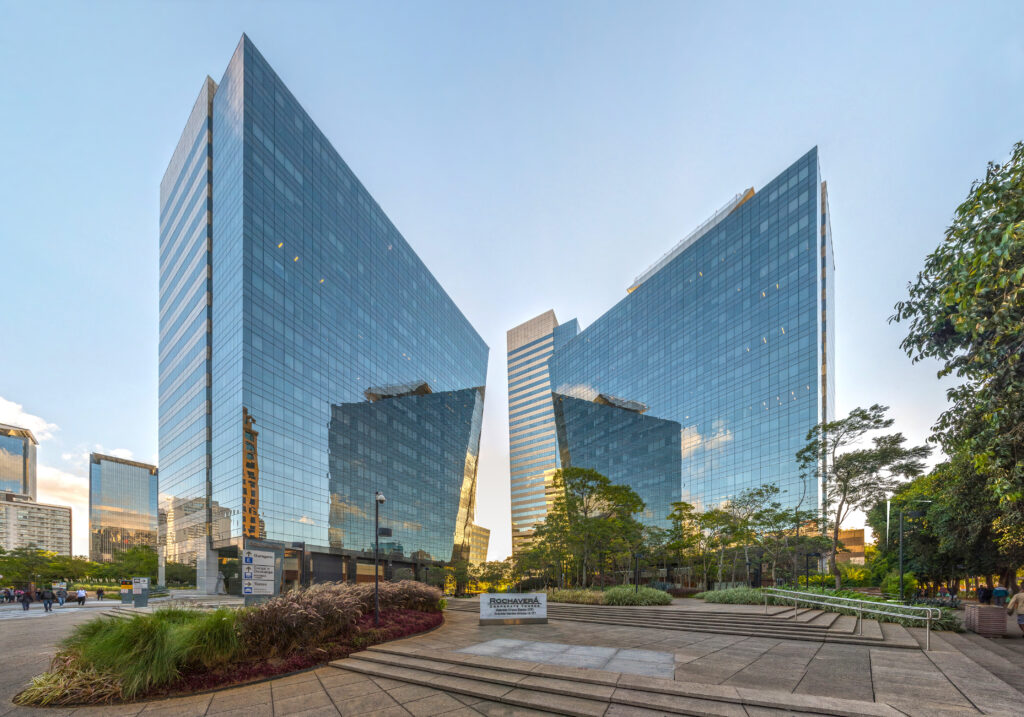Modern glass skyscrapers in a city, likely Brazil