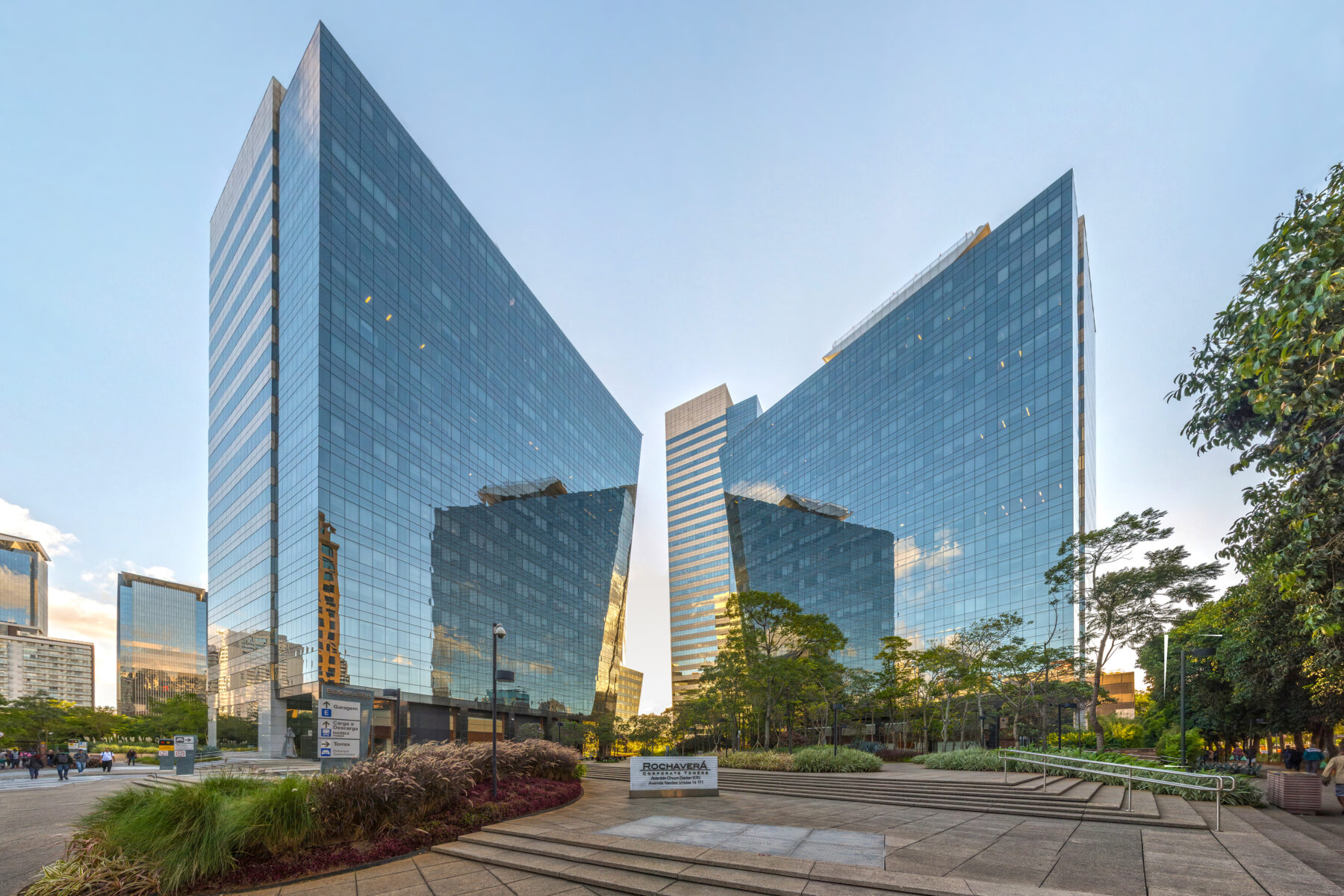 Modern glass skyscrapers in a city, likely Brazil