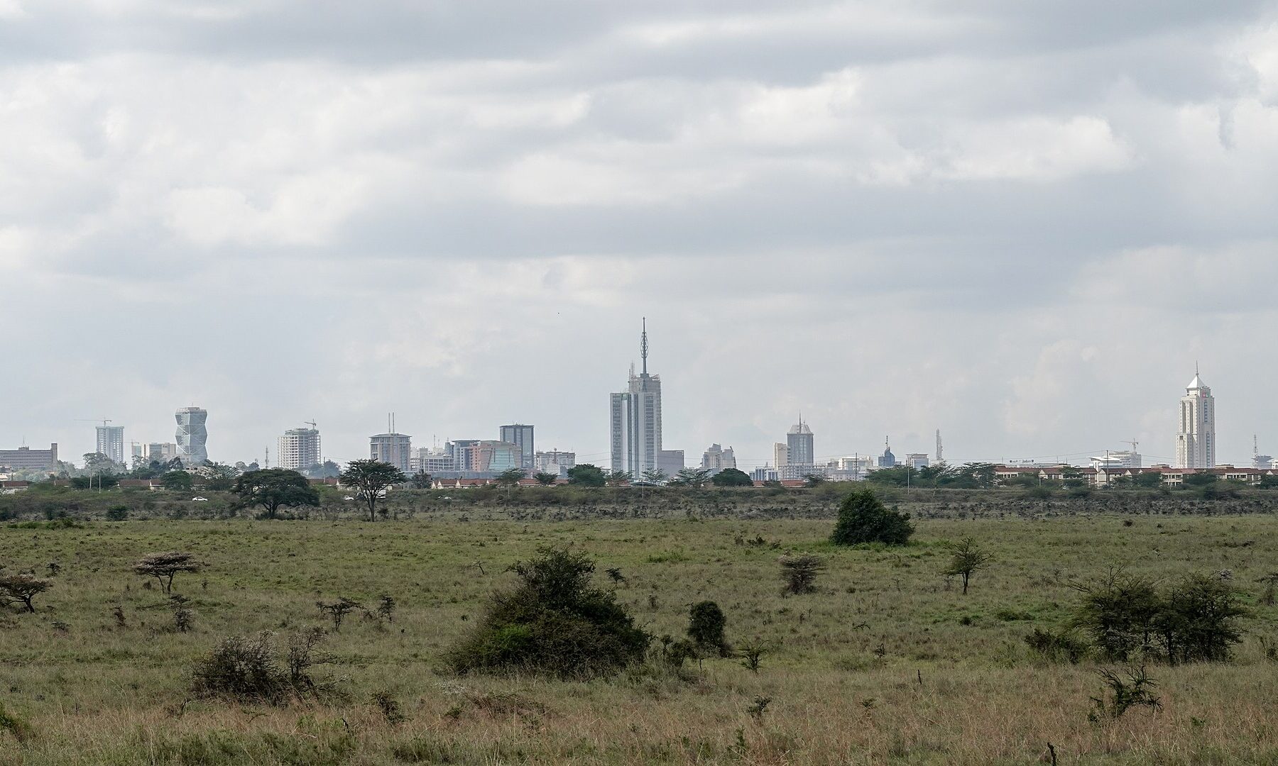 The Nairobi skyline seen from the savannah of Nairobi National Park, Kenya.