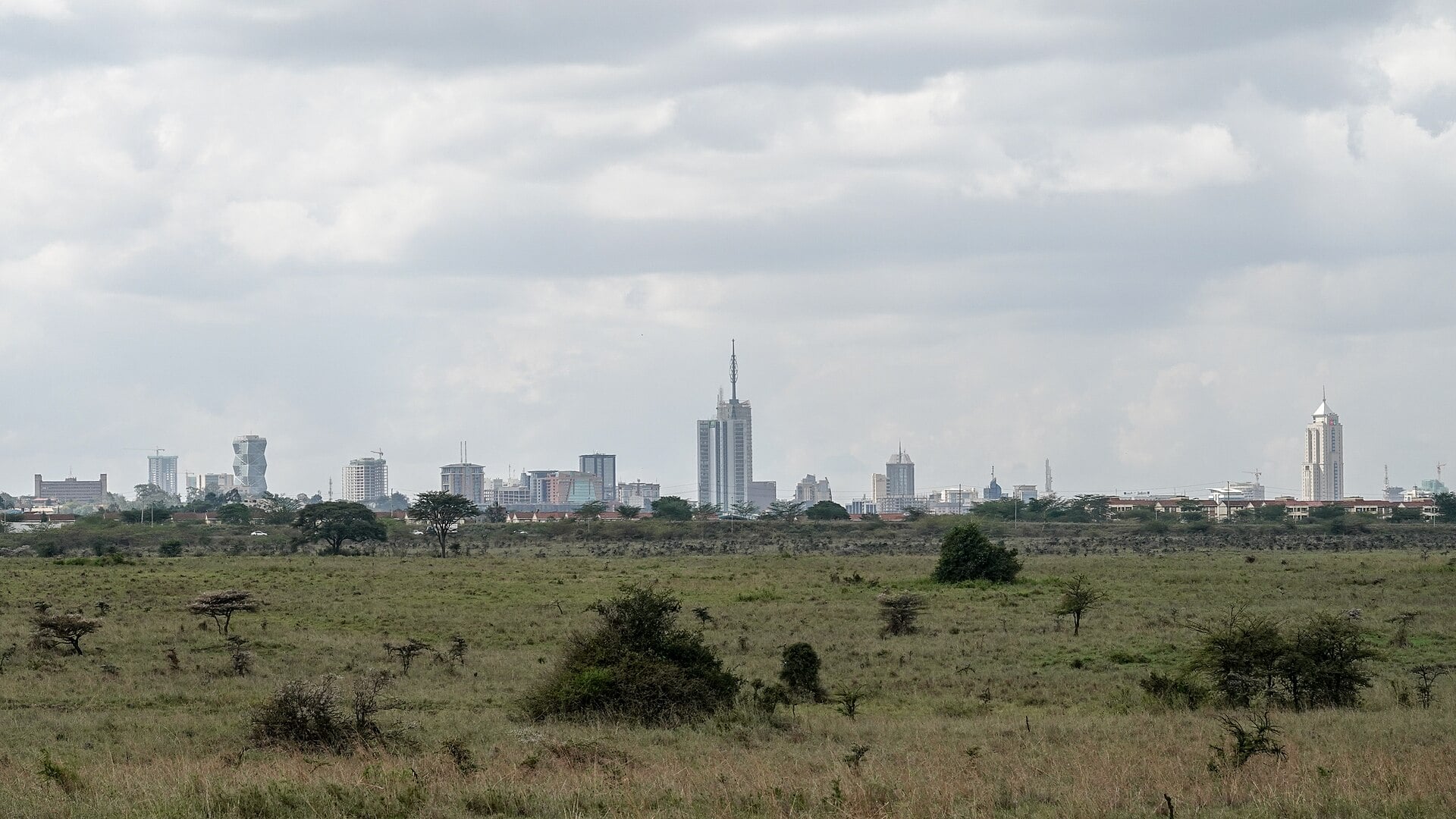 The Nairobi skyline seen from the savannah of Nairobi National Park, Kenya — the capital where the Kenya Pipeline IPO was rescued by state money