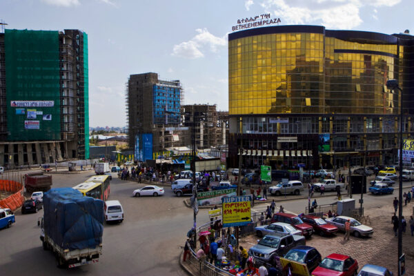 Construction and traffic on a main avenue in Addis Ababa, Ethiopia