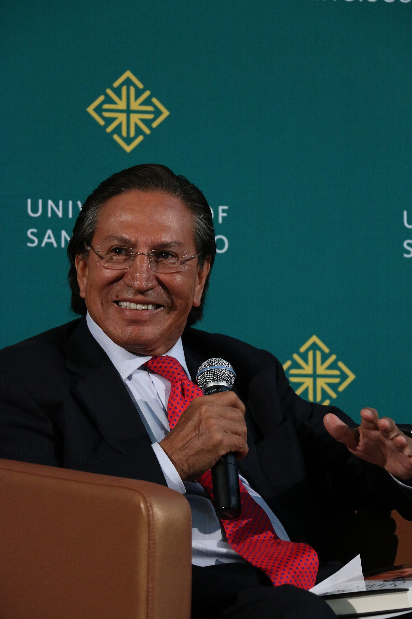 Alejandro Toledo, former president of Peru, speaking at the University of San Francisco