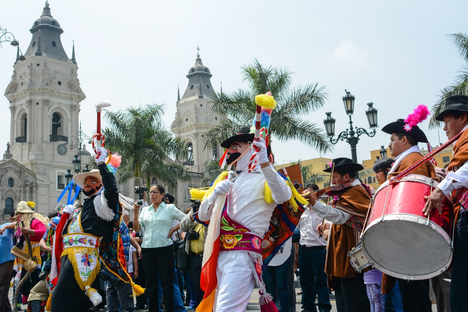 Colourful dancers in traditional Peruvian costumes parade during the Arequipa anniversary festivities