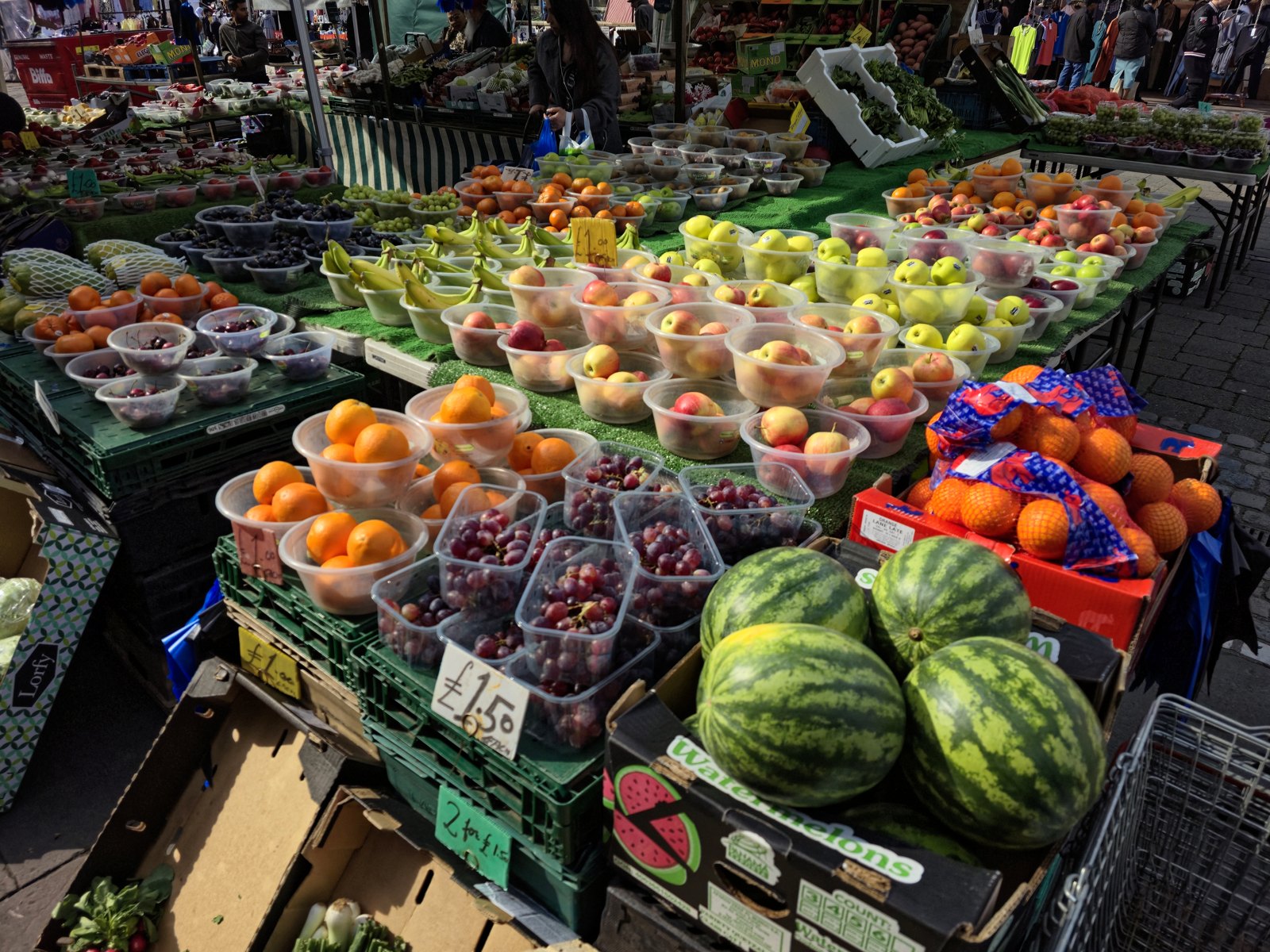 A fruit and vegetable market stall.