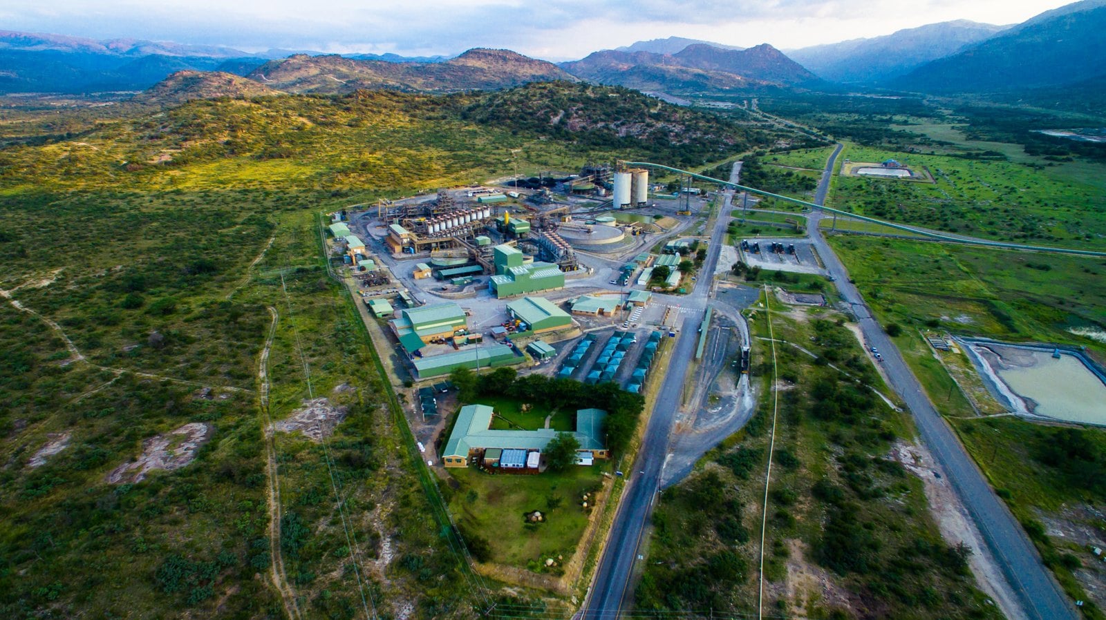 Aerial view of a platinum-group-metals mining complex in South Africa.