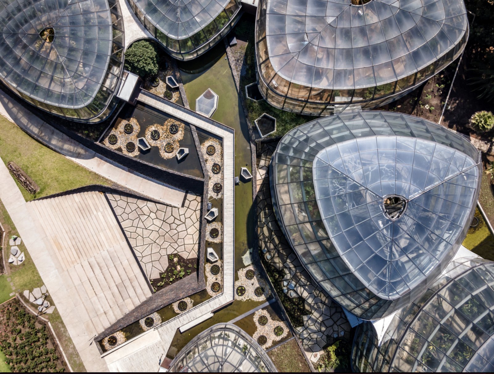 Aerial view of the Tropicario glasshouse domes at Bogotá’s Botanical Garden.