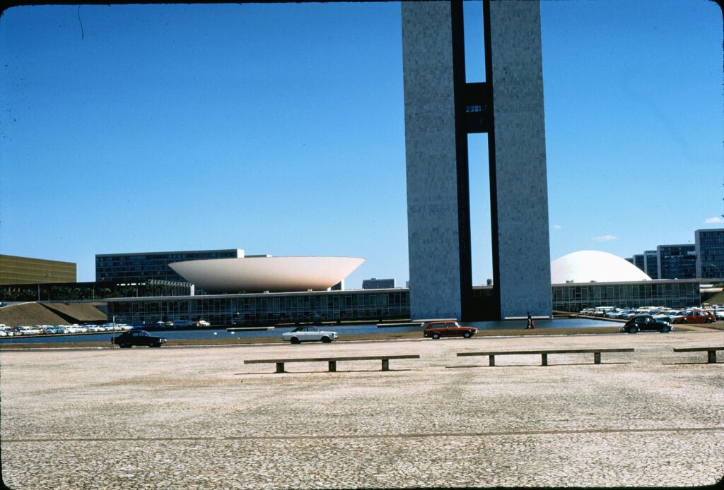The National Congress building in Brasília with its twin towers and domed chambers