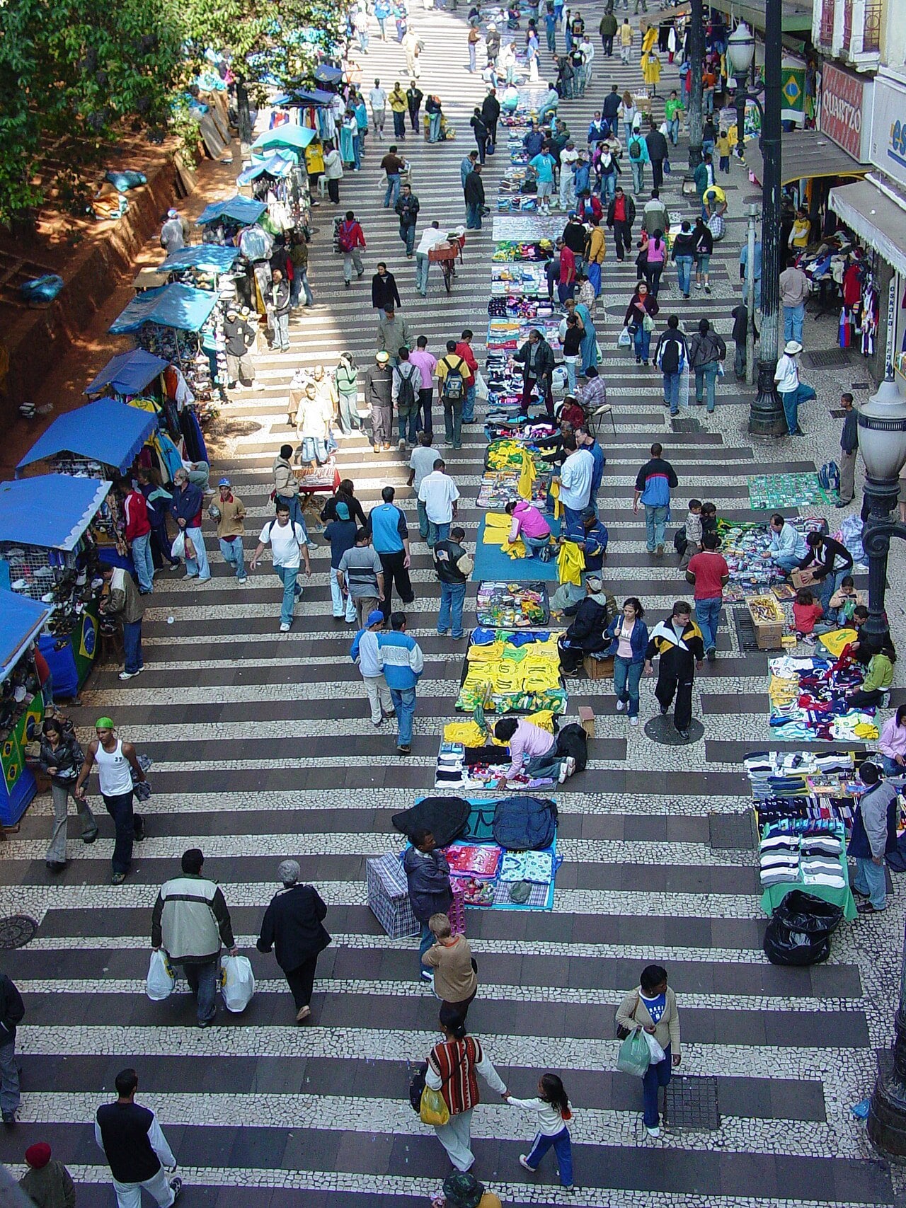 Shoppers on a pedestrian street in Sao Paulo, where Brazil retail jobs fell 45,900 in six months