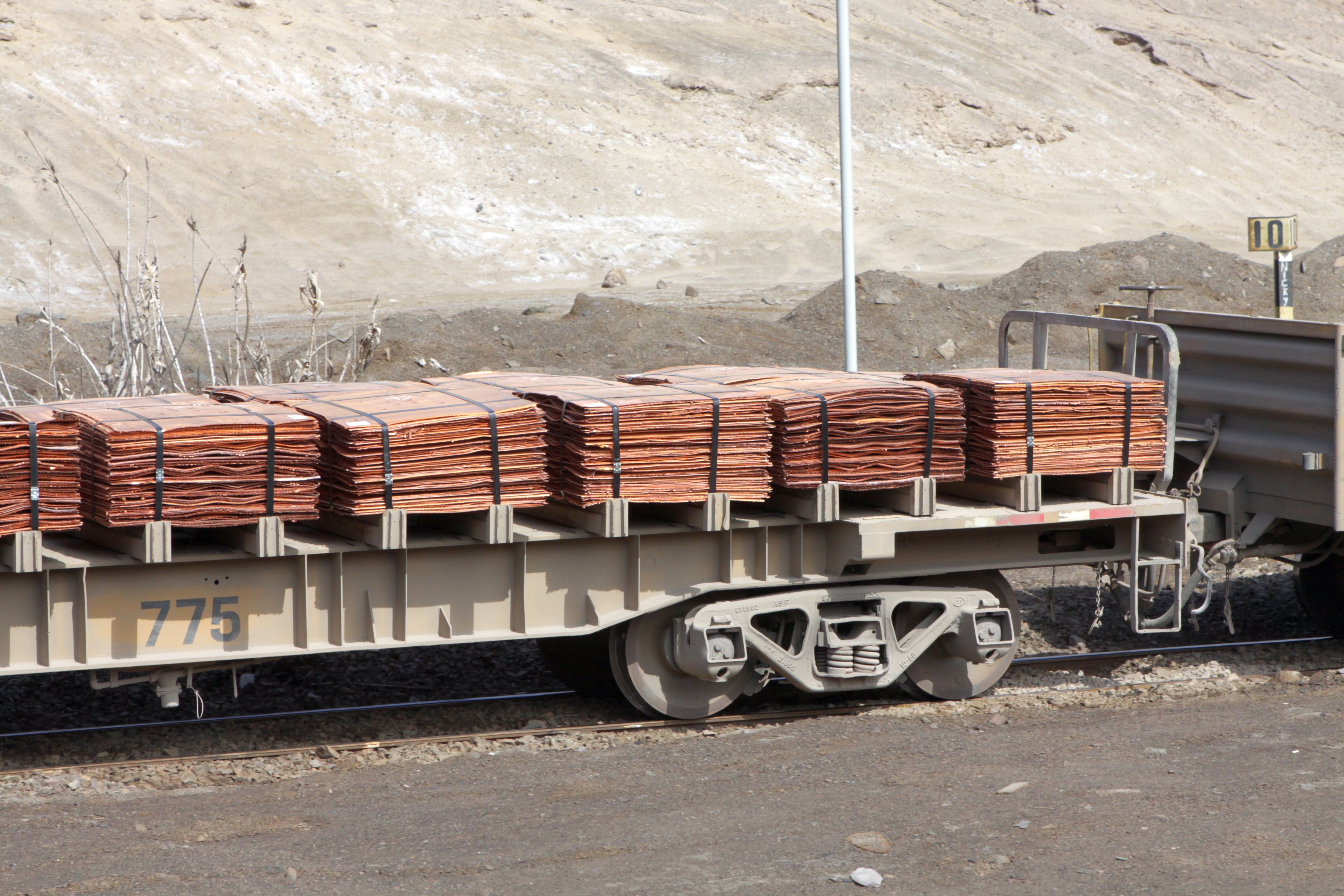 Refined copper cathodes on a rail car in Chile, key to Chile and the United States trade
