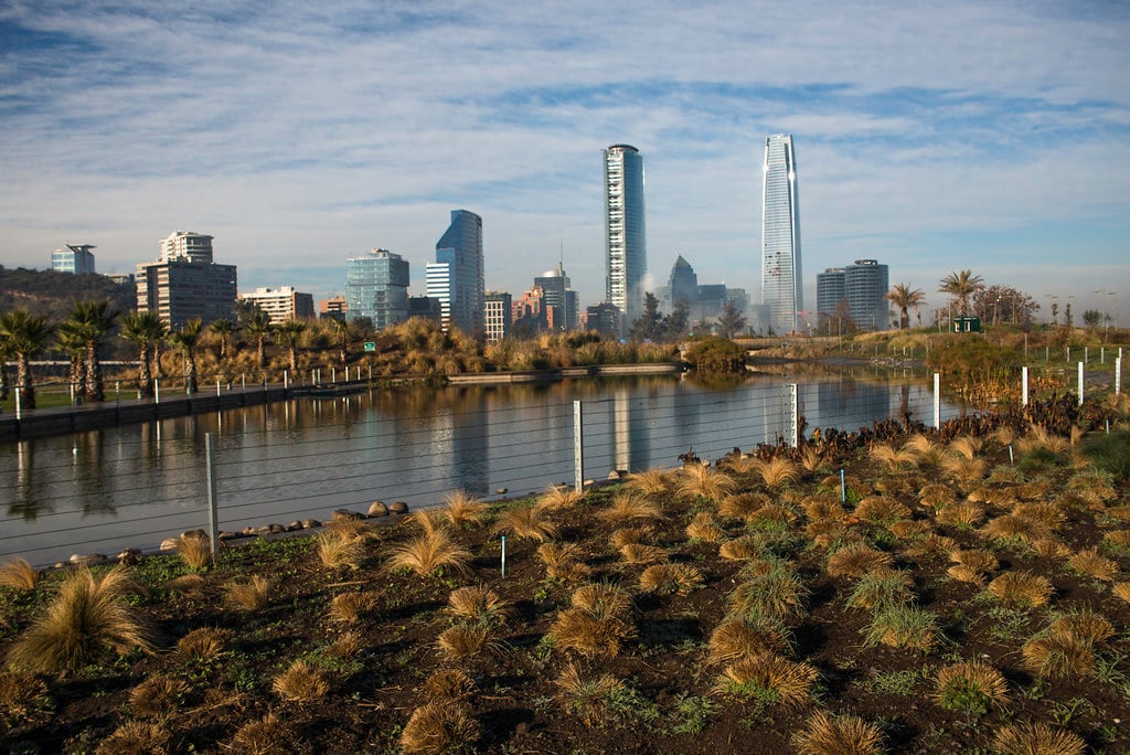 The Santiago skyline with the Costanera Center seen across Bicentenario Park, illustrating the Chile markets report