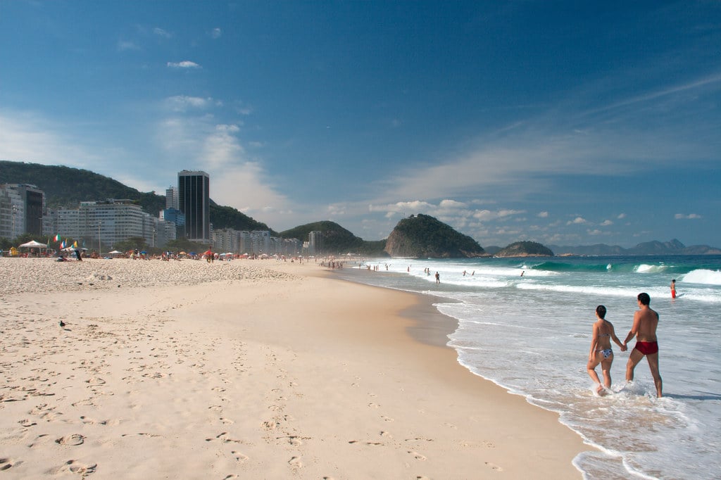 Copacabana beach in Rio de Janeiro on a clear Sunday, with bathers at the shoreline