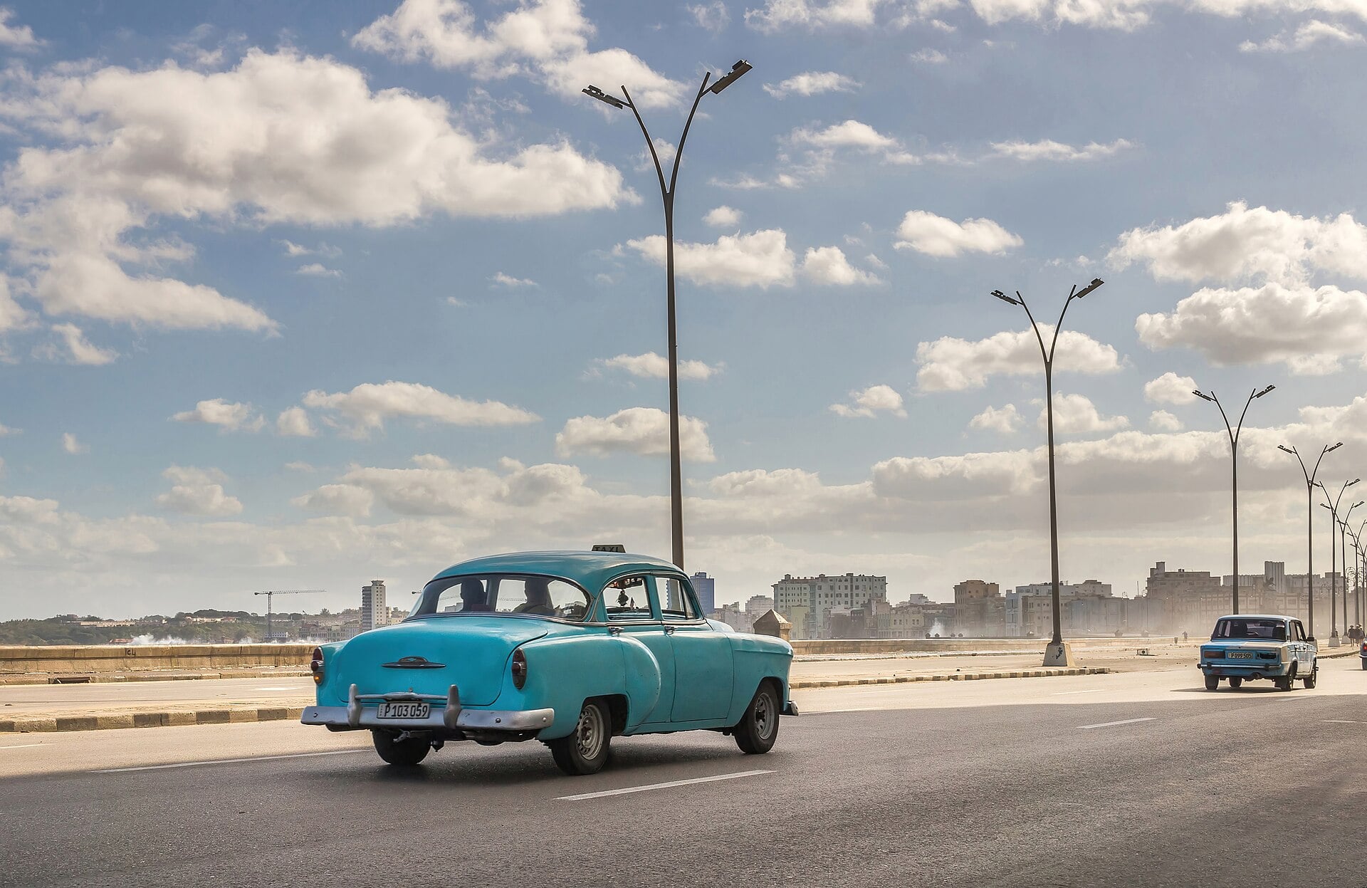A vintage taxi on Havana’s Malecón seafront in Cuba