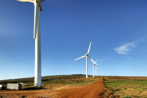 Wind turbines lining a dirt track at the Darling wind farm in South Africa