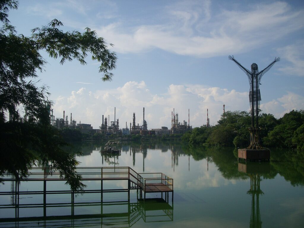 An oil refinery in Colombia at dusk, representing Ecopetrol operations
