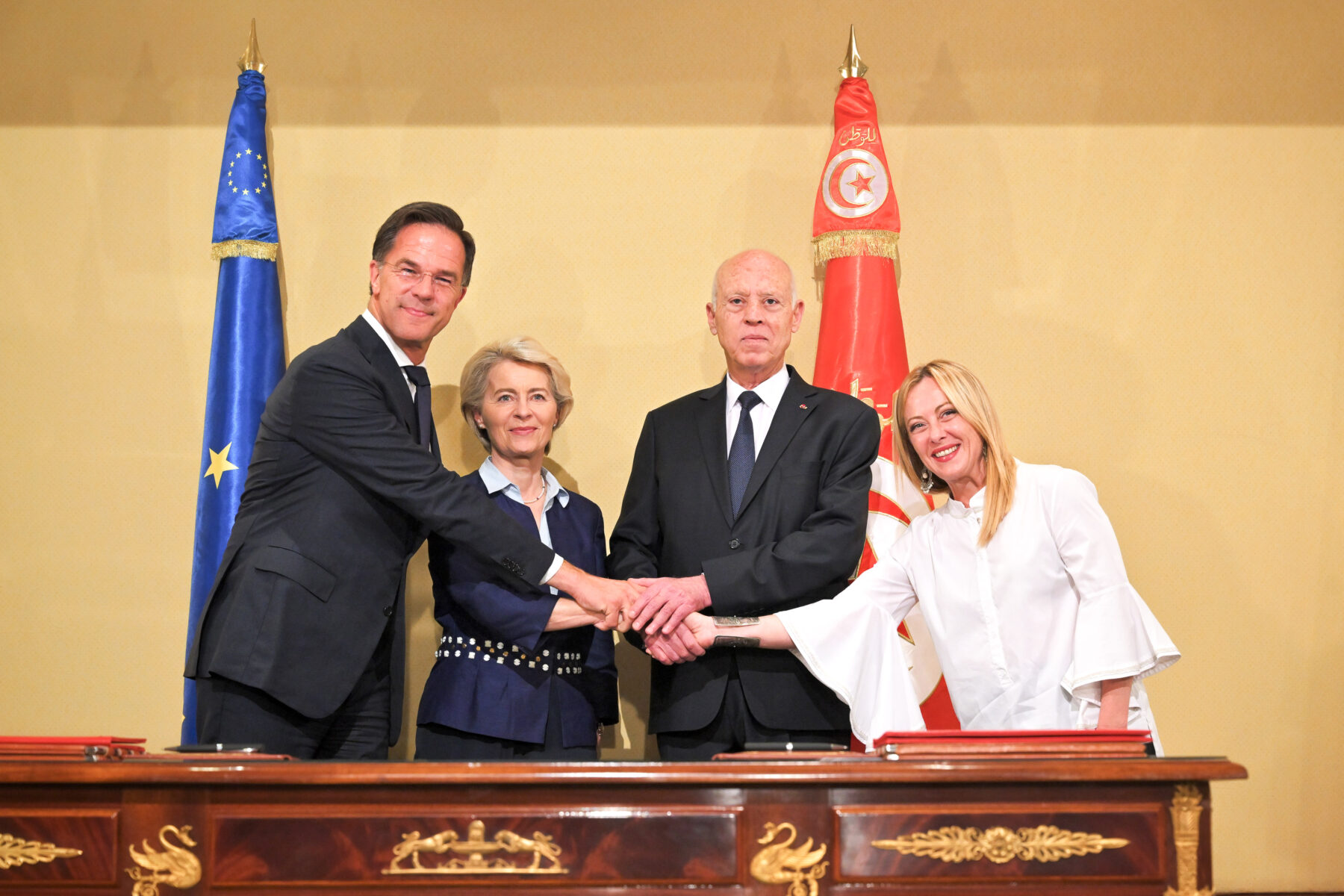 Kais Saied with European leaders at a ceremony in Tunis