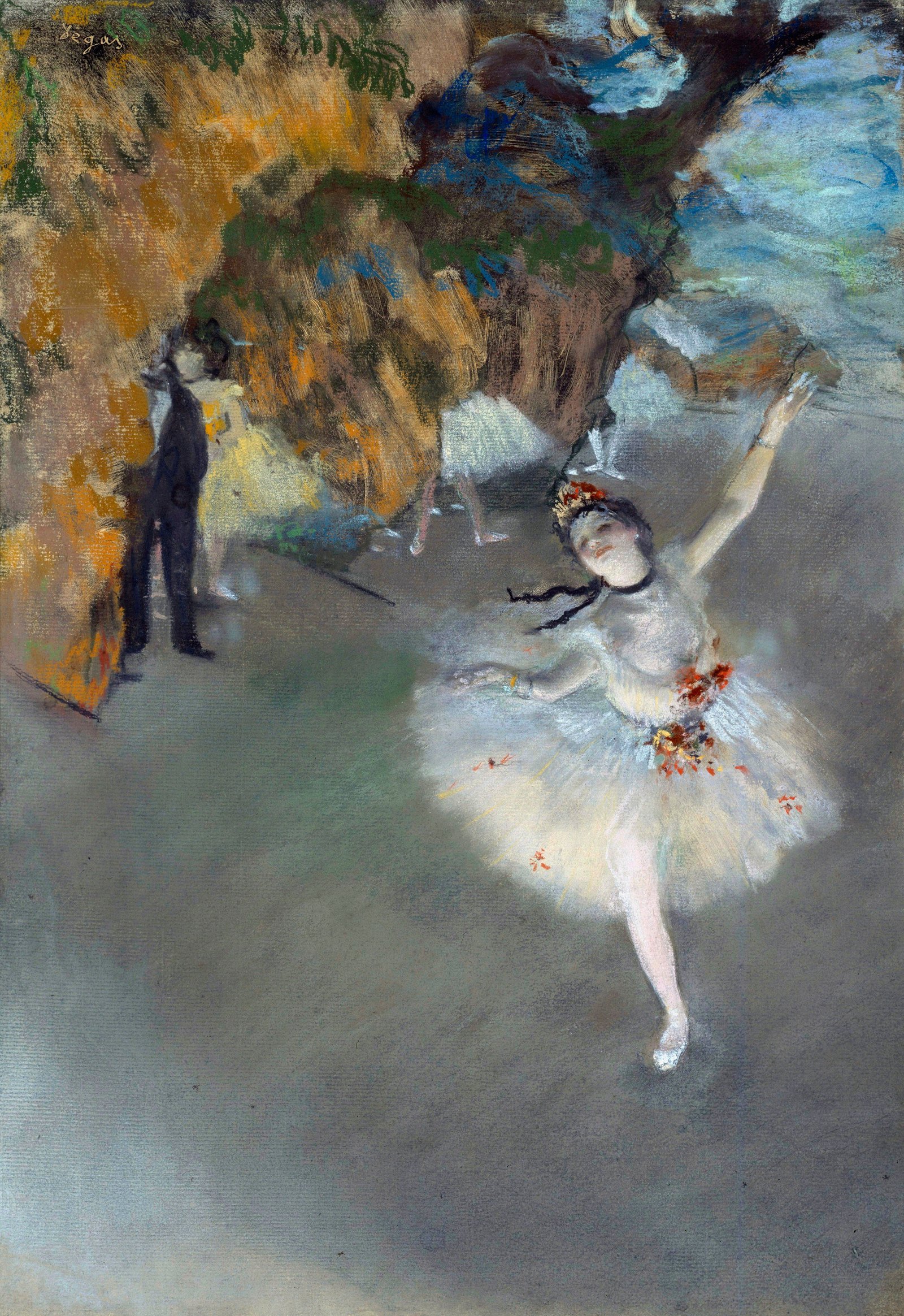 A ballerina performing on stage, painted by Degas.